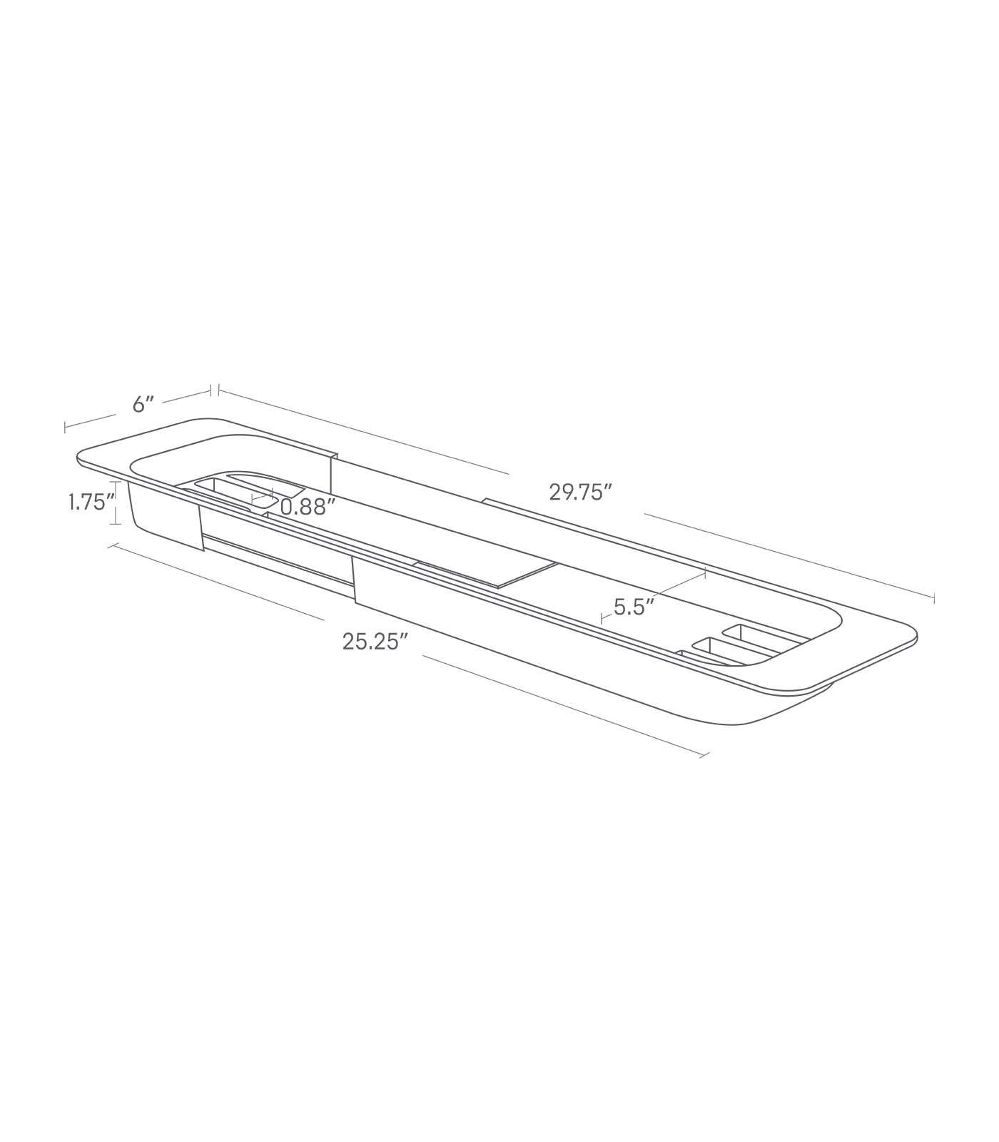 Dimension image for Expandable Bathtub Caddy showing a total length of 25.25