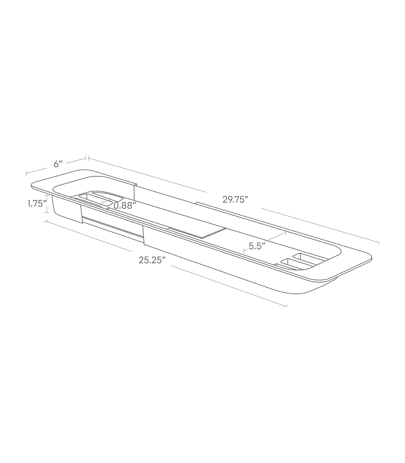 Dimension image for Expandable Bathtub Caddy on a white background including dimensions  L 6.1 x W 22.64 x H 1.77 inches
