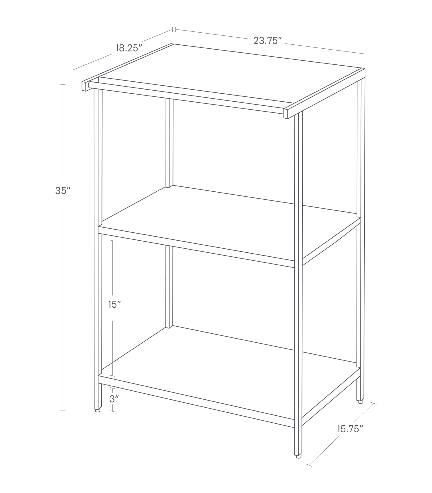 TOWER Storage Rack. Size: 35 inches. 35 inches tall, 23.75 inches long, 18.25 inches wide. Bottom shelf 3 inches from ground, shelves 15 inches apart.