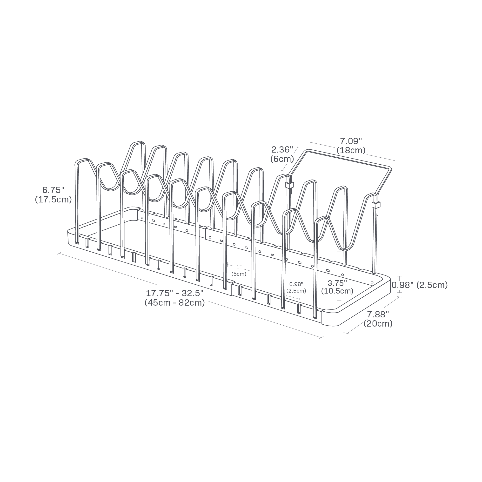 Dimension image for Adjustable Pot Lid Organizer on a white backrgound with a length of ranging from 17.75