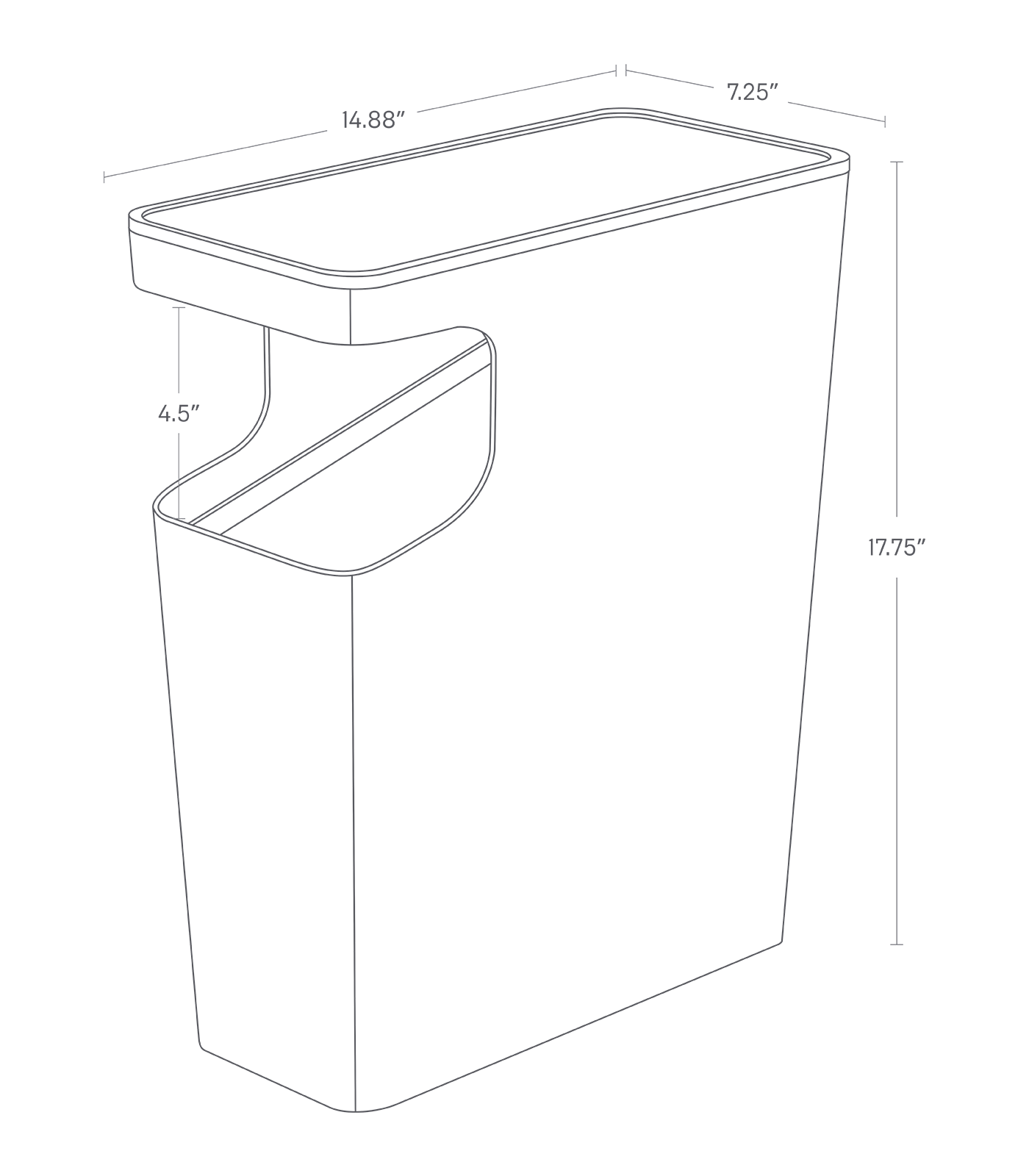 Dimension image for Side Table Trash Can showing length of 14.88