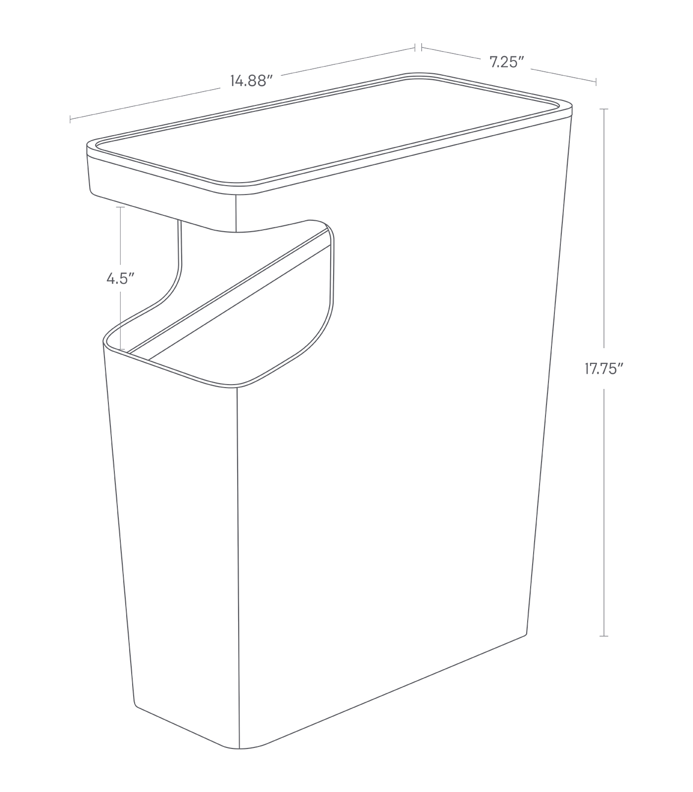 Dimension image for Side Table Trash Can on a white background including dimensions  L 7.28 x W 14.96 x H 17.72 inches
