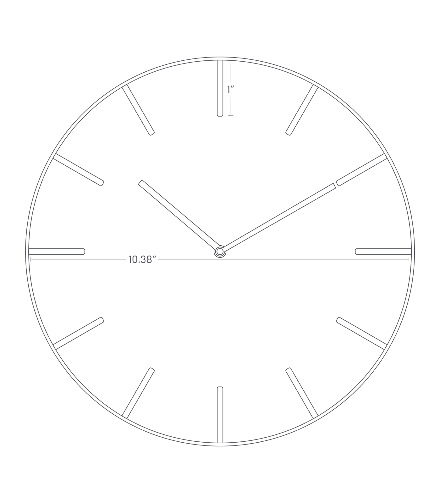 Dimension image for Wall Clock on a white background including dimensions  L 1.65 x W 10.43 x H 10.43 inches