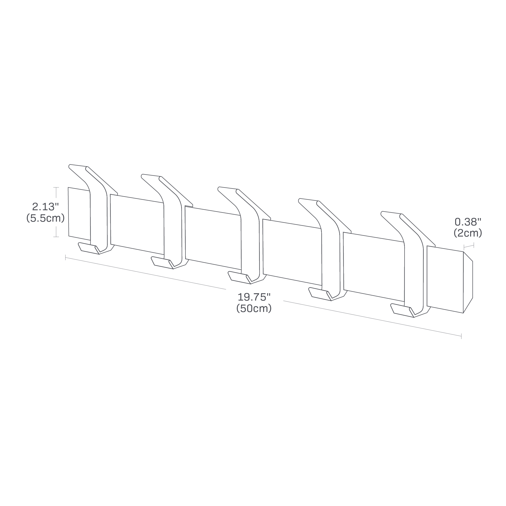 Dimenision image for Wall-Mounted Coat Rackon a white background showing total width of 19.75 inches, length of the wood bar 0.38 inches, height of the wood bar 2.13 inches.