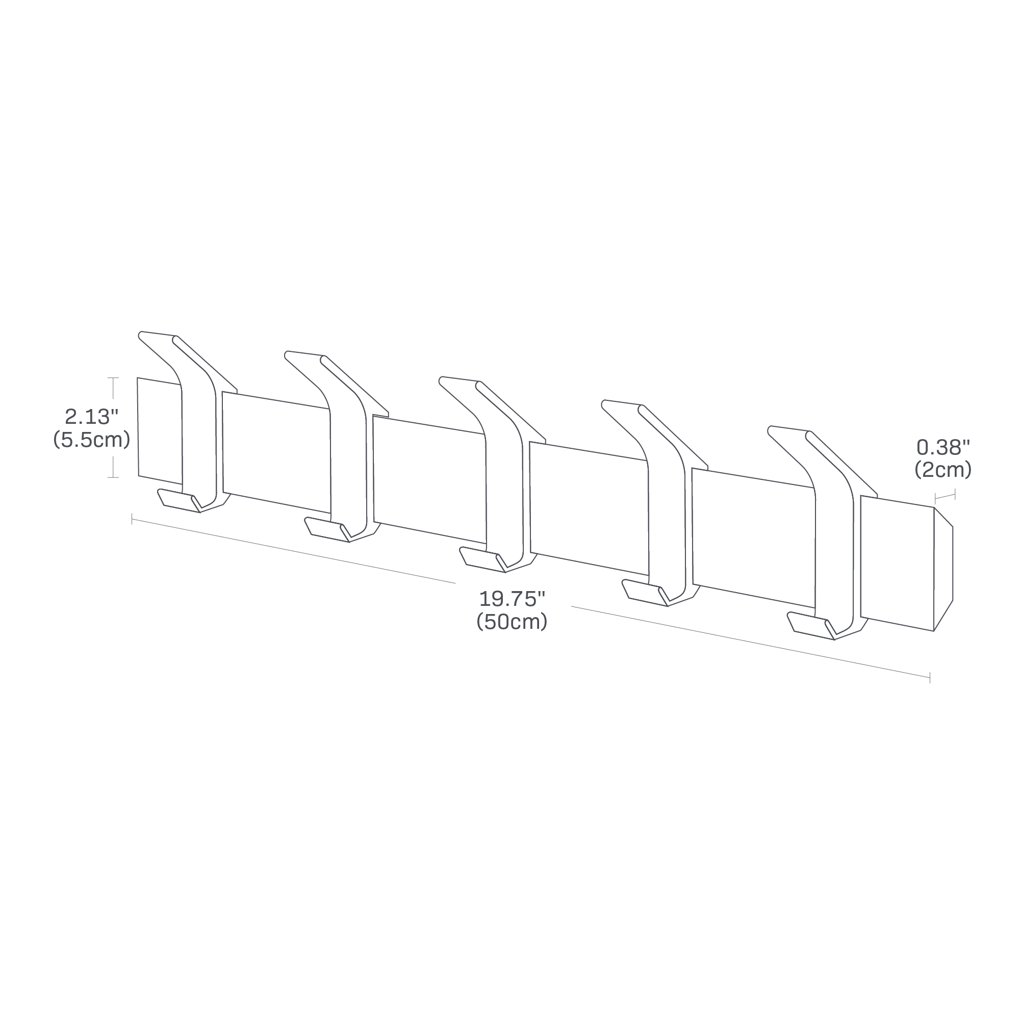 Dimenision image for Wall-Mounted Coat Rackon a white background showing total width of 19.75 inches, length of the wood bar 0.38 inches, height of the wood bar 2.13 inches.