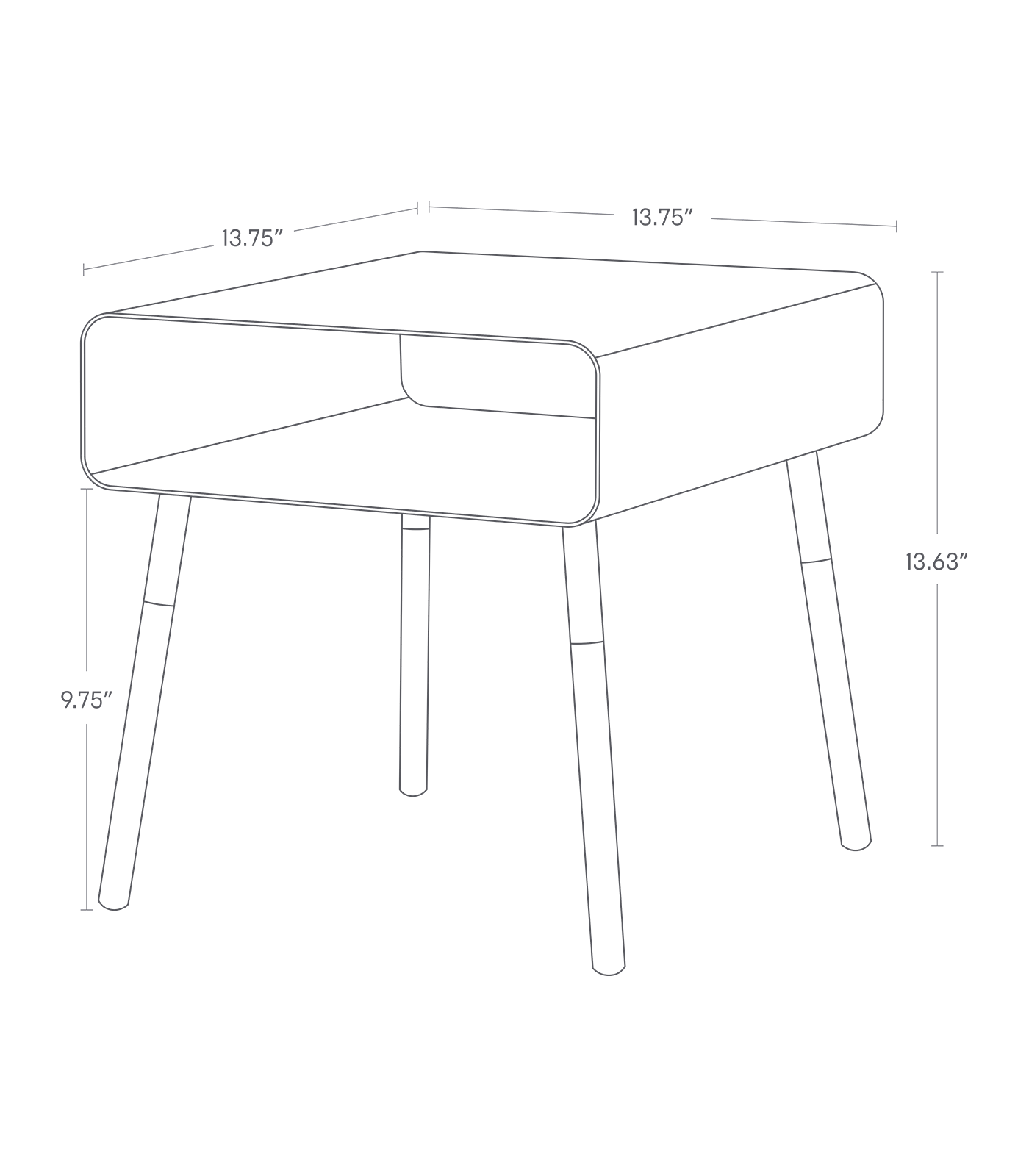 PLAIN Storage Table. Size: Short. Overall length 13.63 inches. Legs 9.75 inches long. Table top 13.75 inches by 13.75 inches.