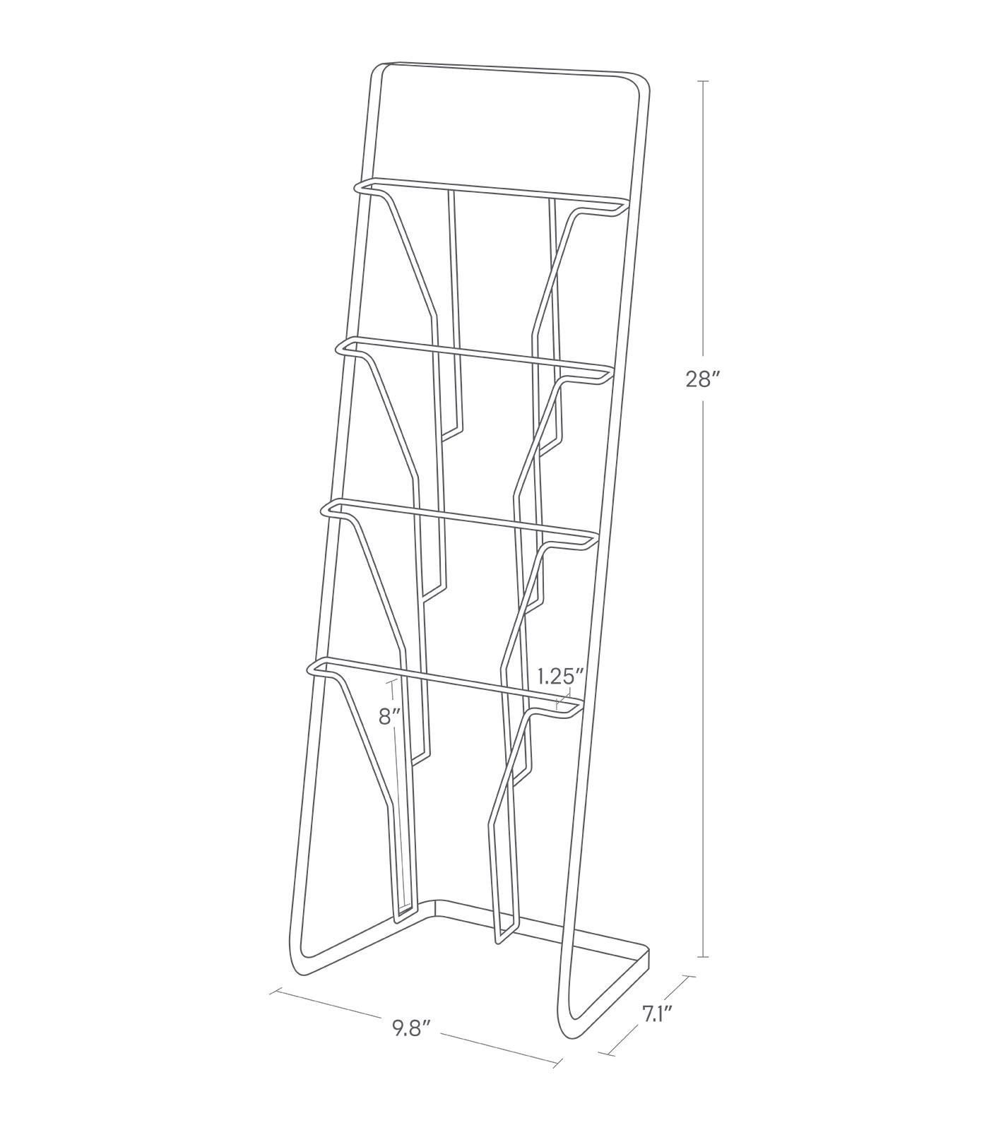 Dimension Image for Magazine Rack on a white background showing width of 9.8