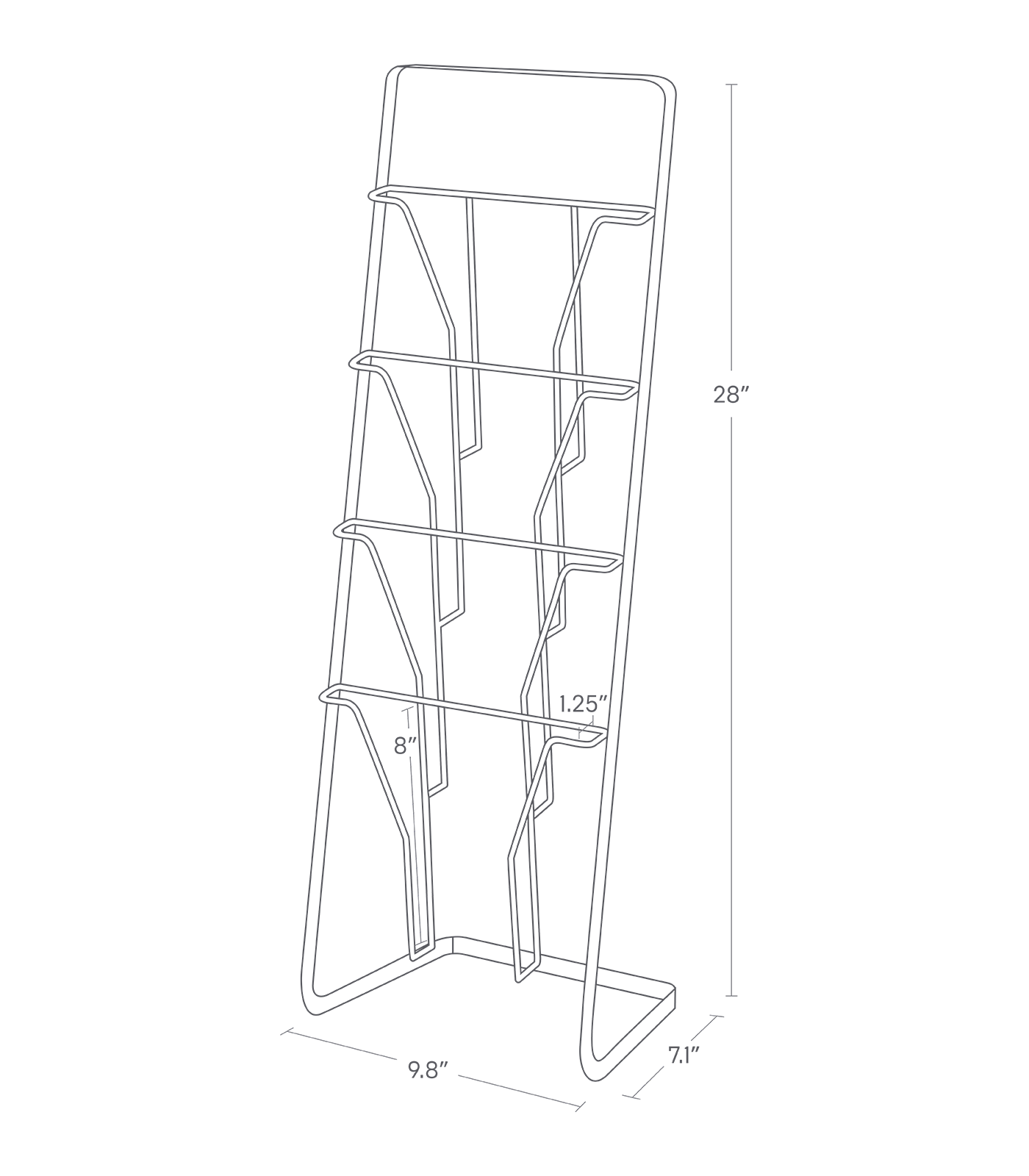 Dimension image for Magazine Rack on a white background including dimensions  L 7.09 x W 9.84 x H 27.95 inches