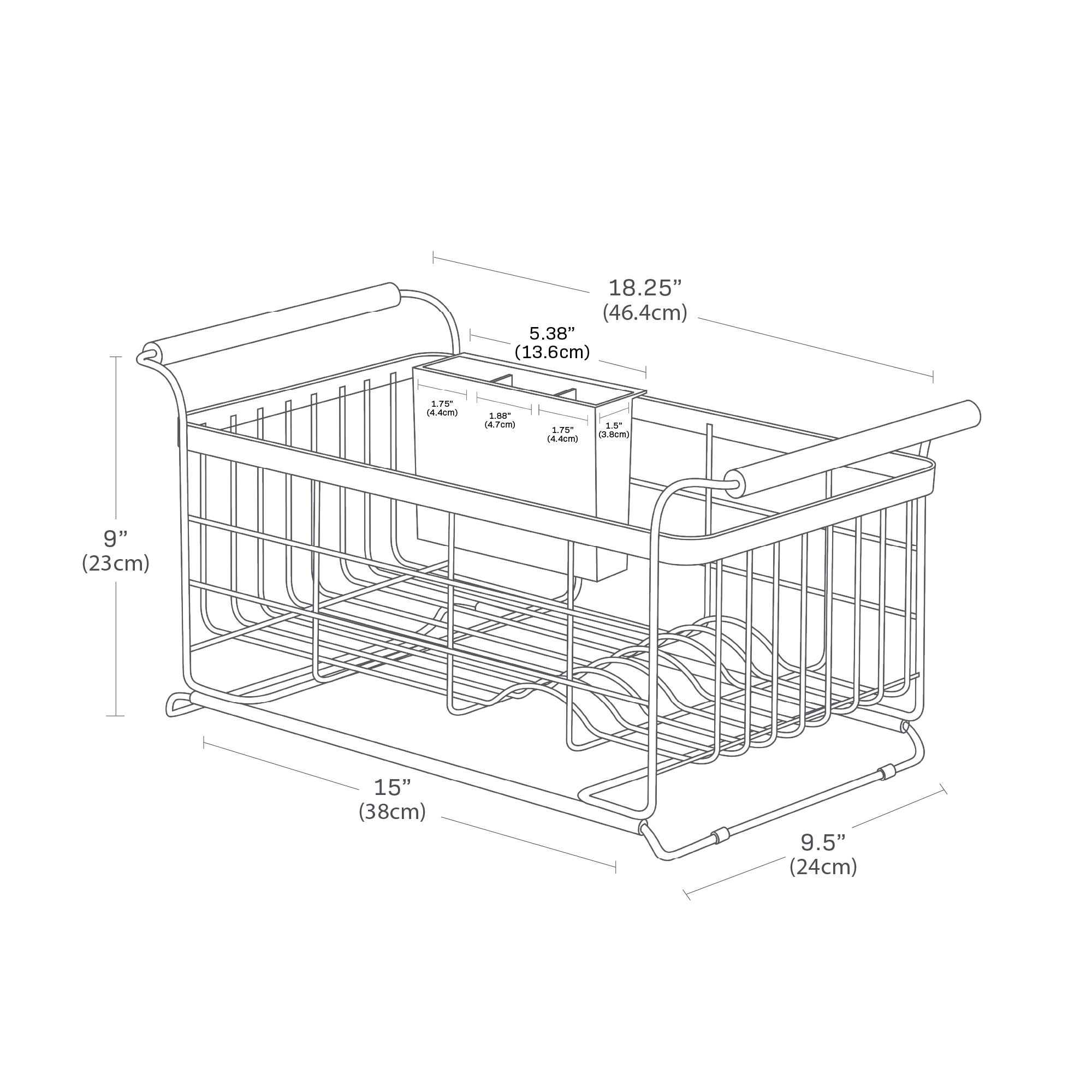Dimension image for Over-the-Sink Dish Rack on a white background including dimensions L 9.65 x W 18.31 x H 8.66 inches.