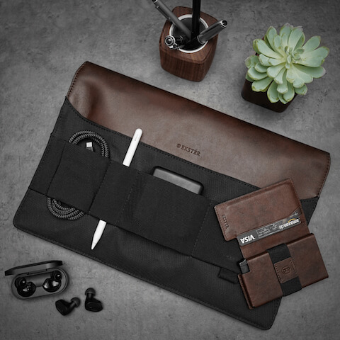 Ekster leather RFID wallet, Ekster slim leather laptop case and ear buds