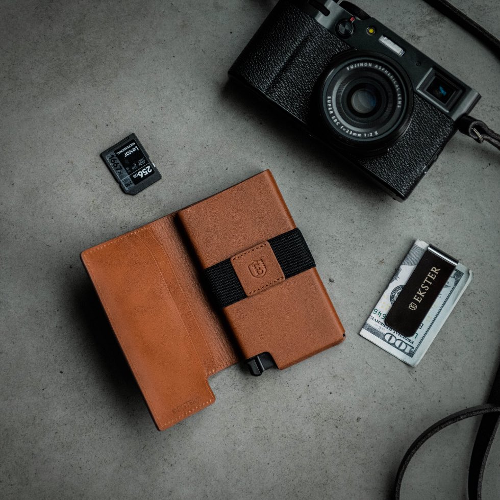 Ekster leather smart wallet, camera, memory card and Ekster money clip with hundred dollar bill