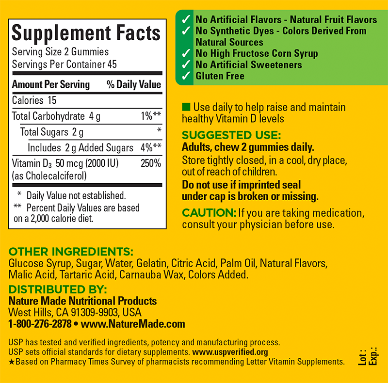 Vitamin D3 2000 IU (50 mcg) Gummies Supplement Facts