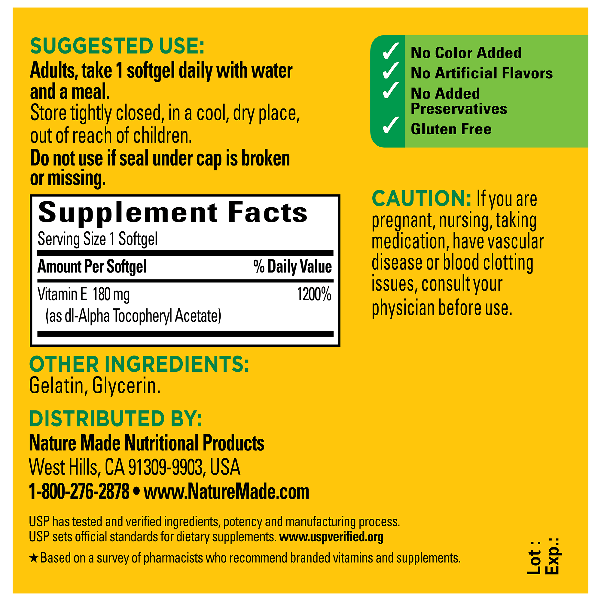 Nature Made Vitamin E 400 IU (180 mg) dl-Alpha Softgels supplements fact.