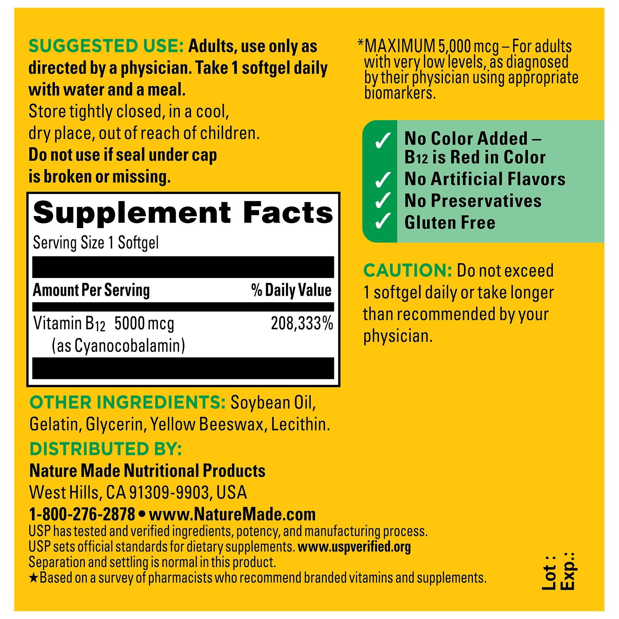 Nature Made Maximum Strength Vitamin B12 5000 mcg Softgels, 60 Count supplements fact panel.