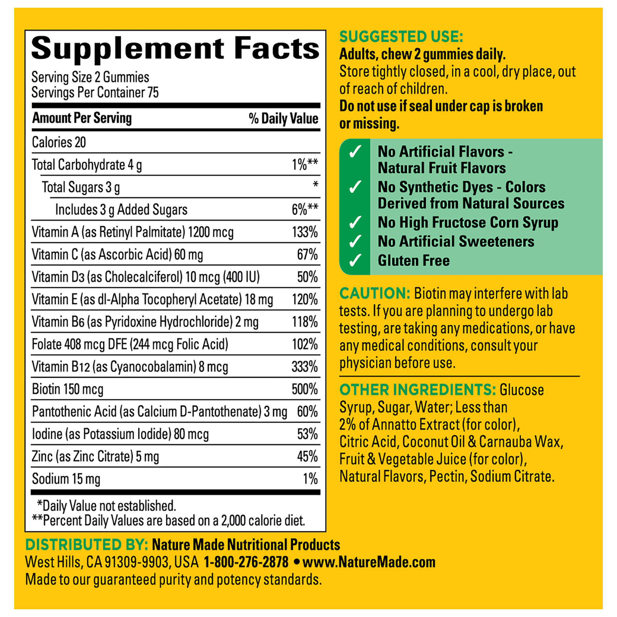 Nature Made Adult Multi Gummies supplement facts panel and ingredient information