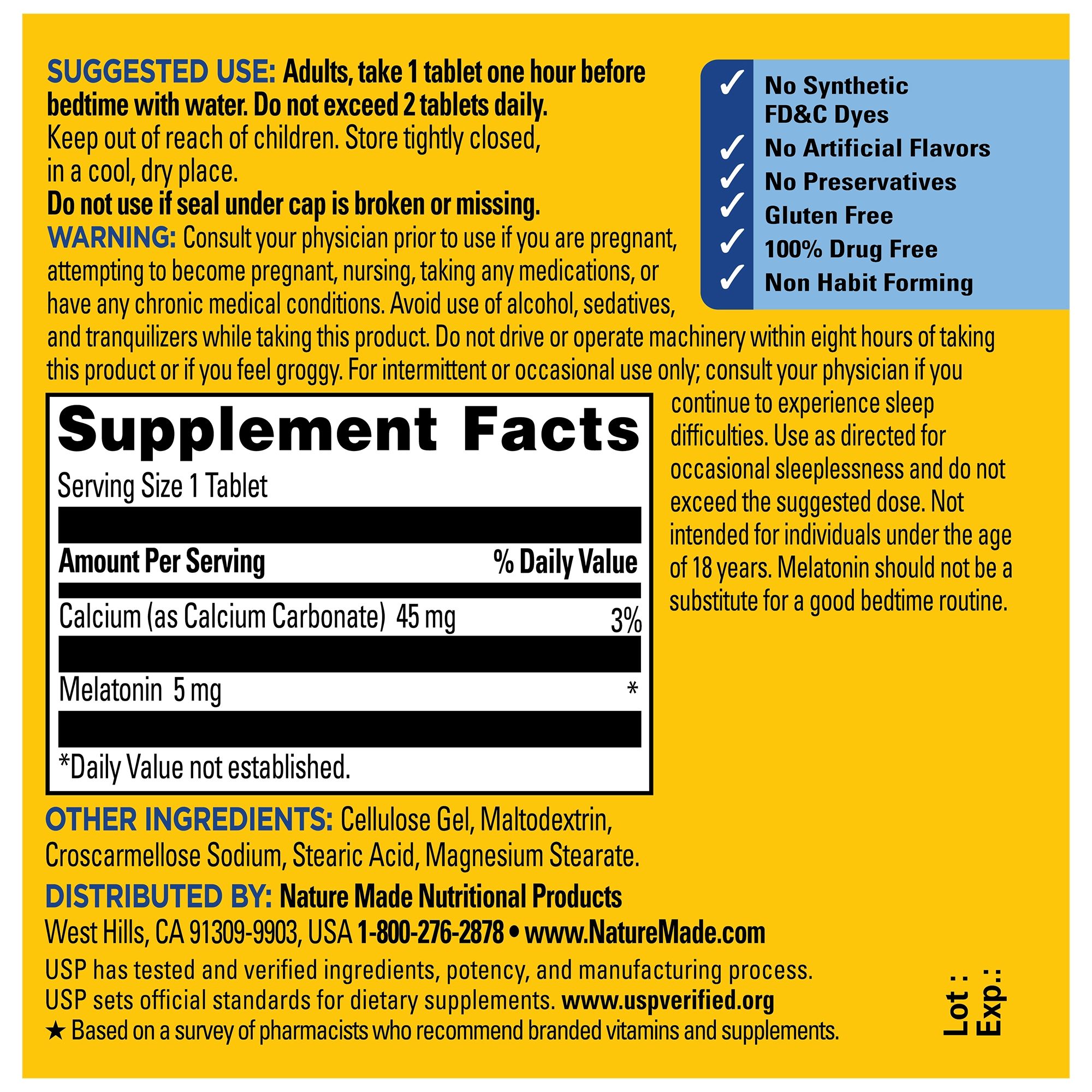 Nature Made Melatonin Extra Strength 5 mg Tablets  supplement facts panel label with text and supplement facts on a yellow background