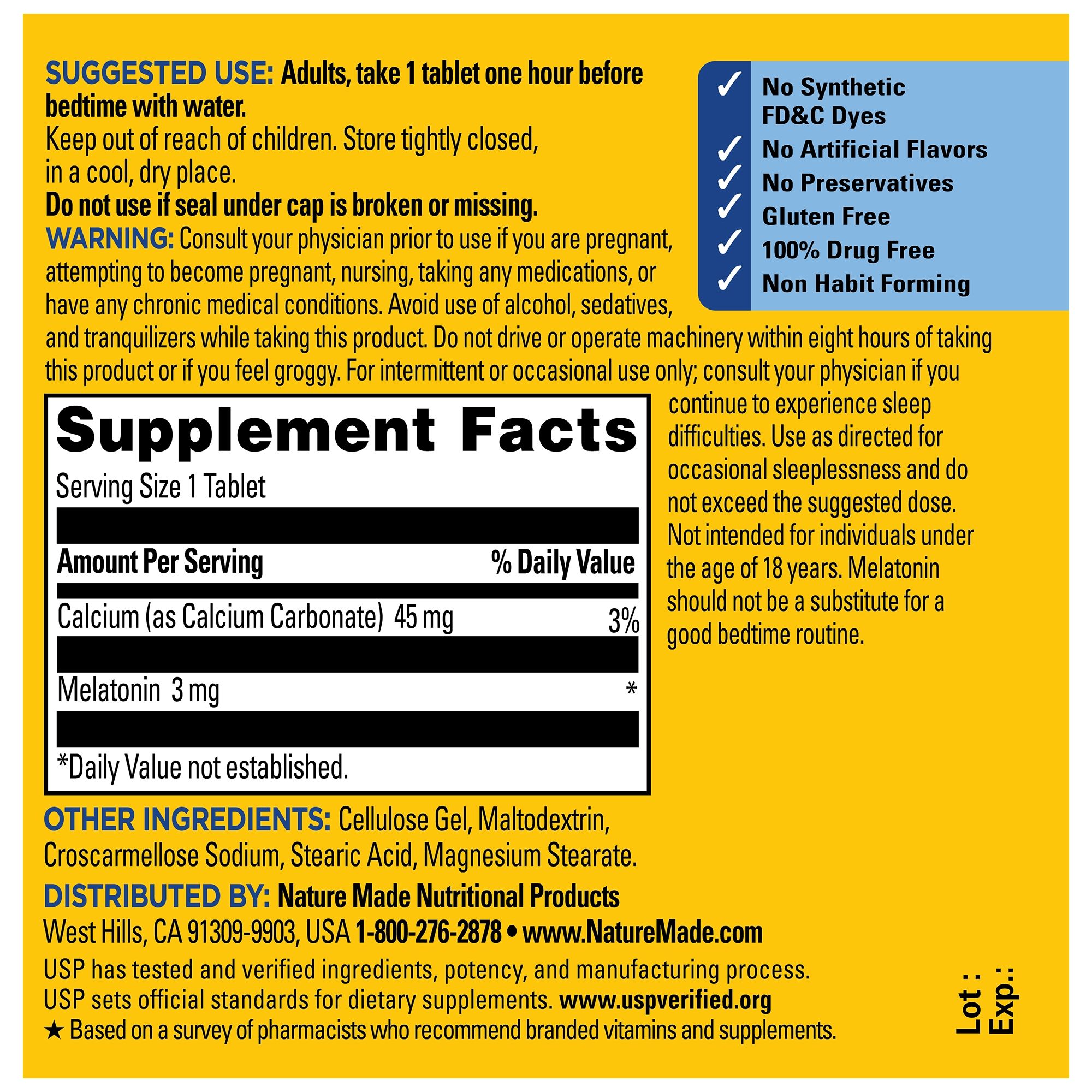 Melatonin 3 mg Tablets supplements fact panel.