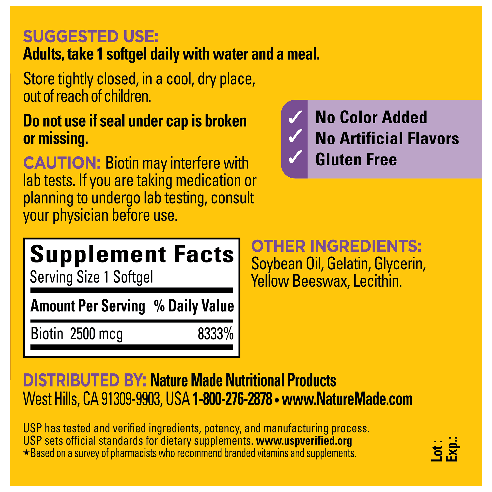 Nature Made Biotin 2500 mcg Softgels Supplement Facts label with text on a yellow background.
