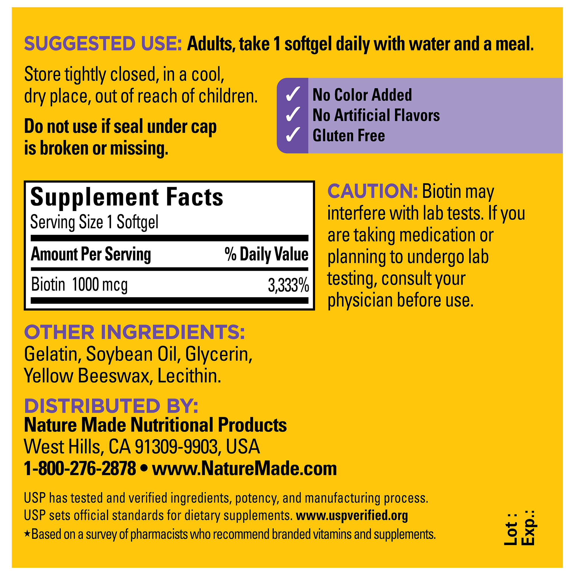 Biotin 1000 mcg Softgels Supplement Facts label with text on a yellow background.