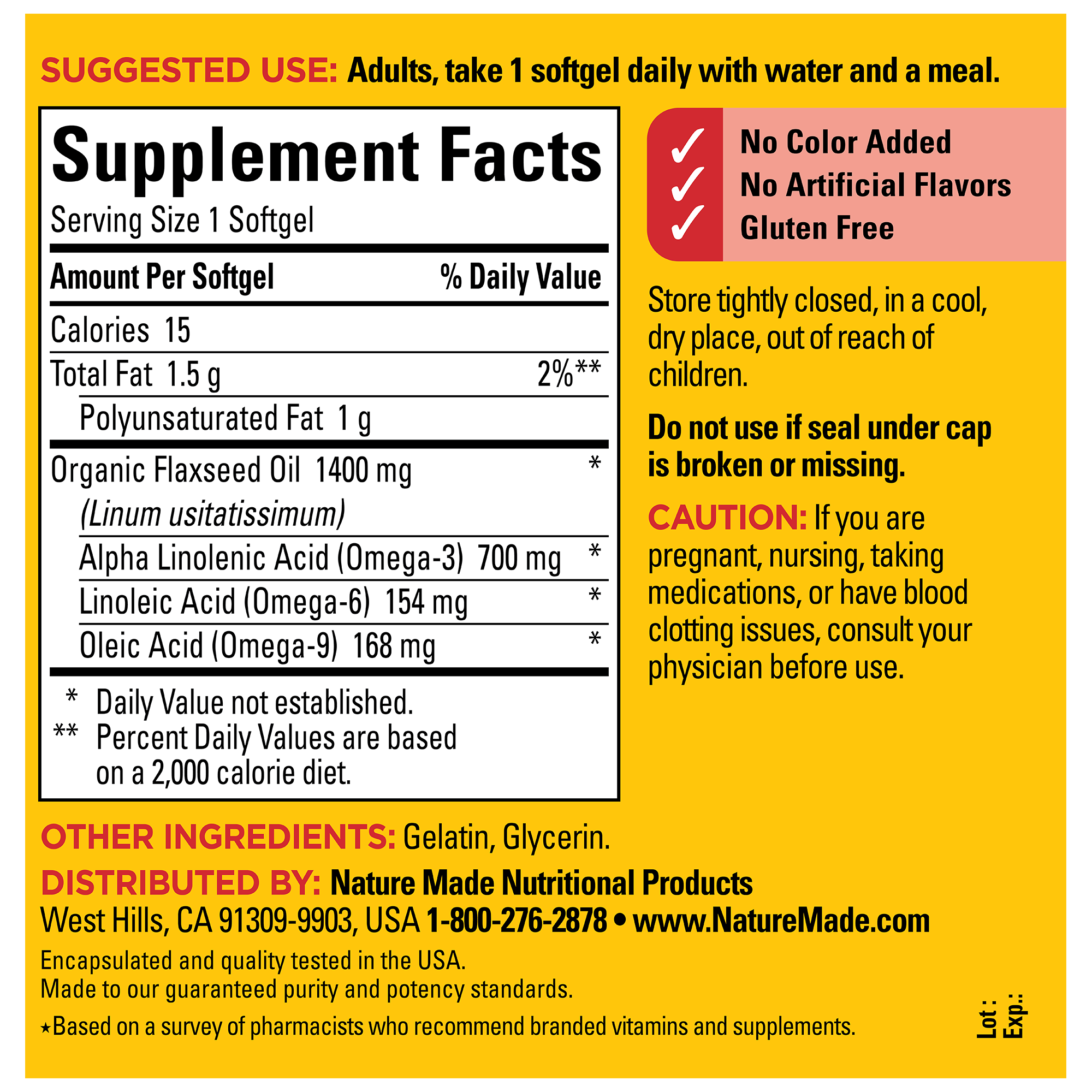 Nature Made Flaxseed Oil 1400 Mg Softgels - 300 Count, Exp 09/2026
