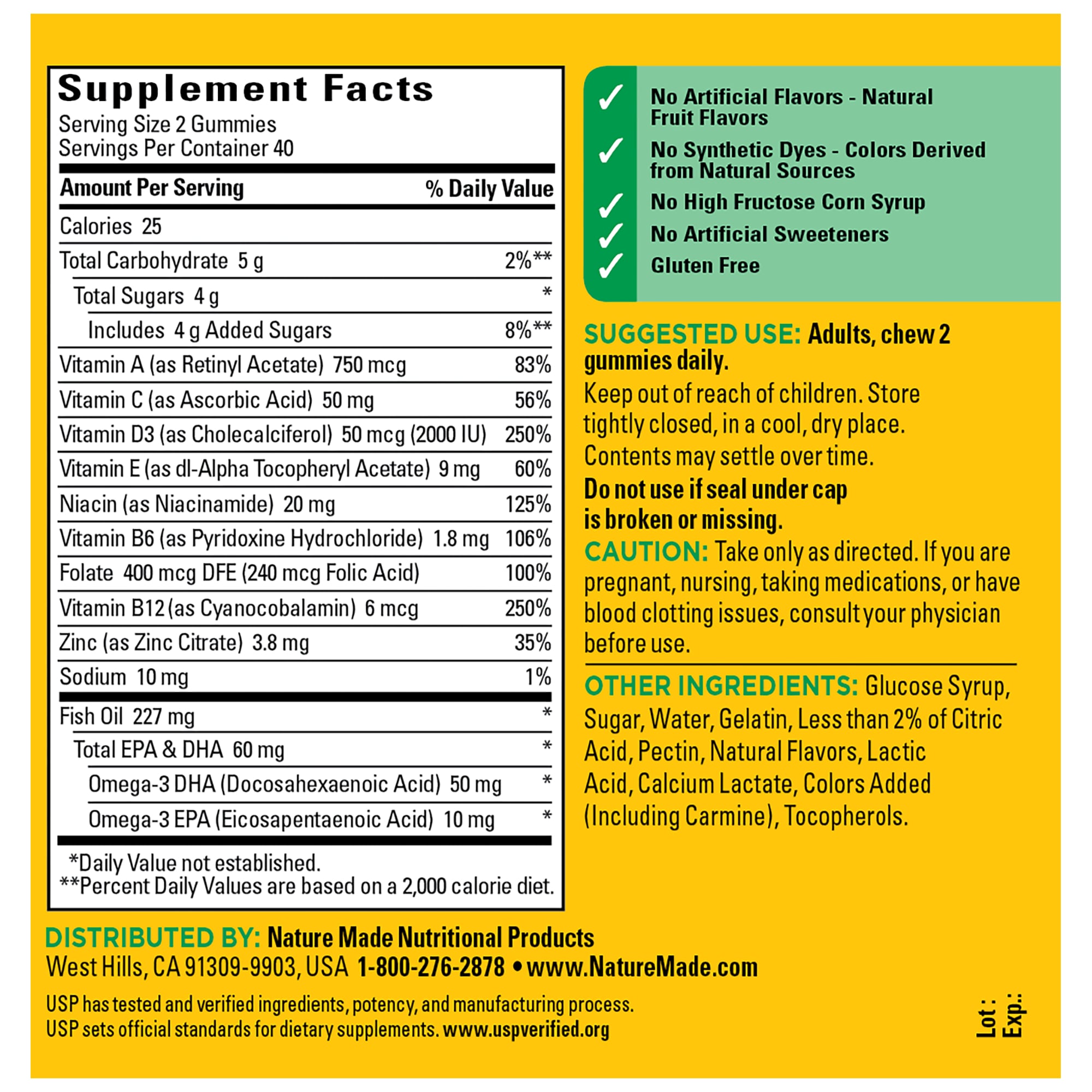 Nature Made Adult Multi + Omega-3 gummies supplement facts panel and ingredient information