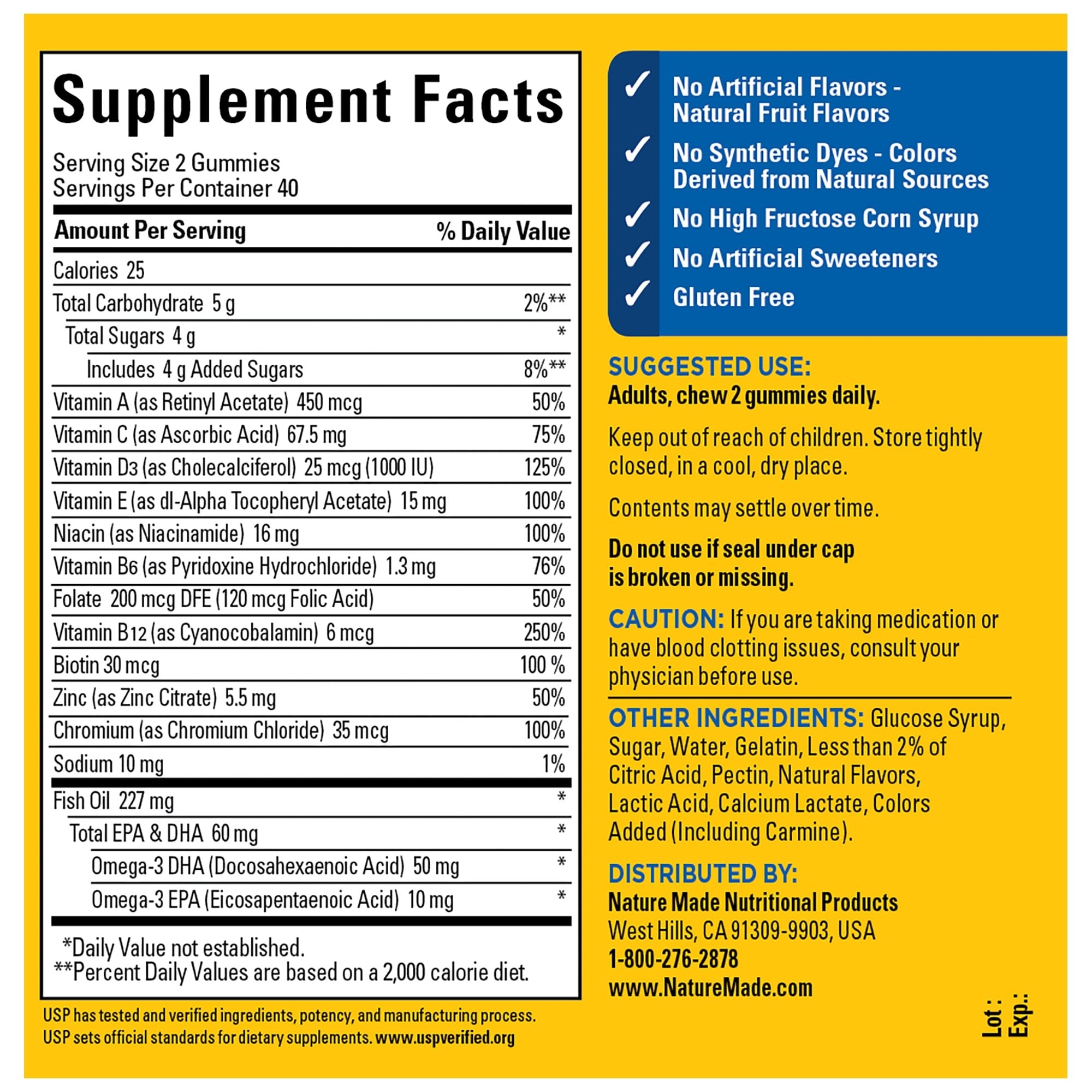 Nature Made Multi + Omega-3 for Him Gummies supplement facts, ingredients, and suggested use for adults