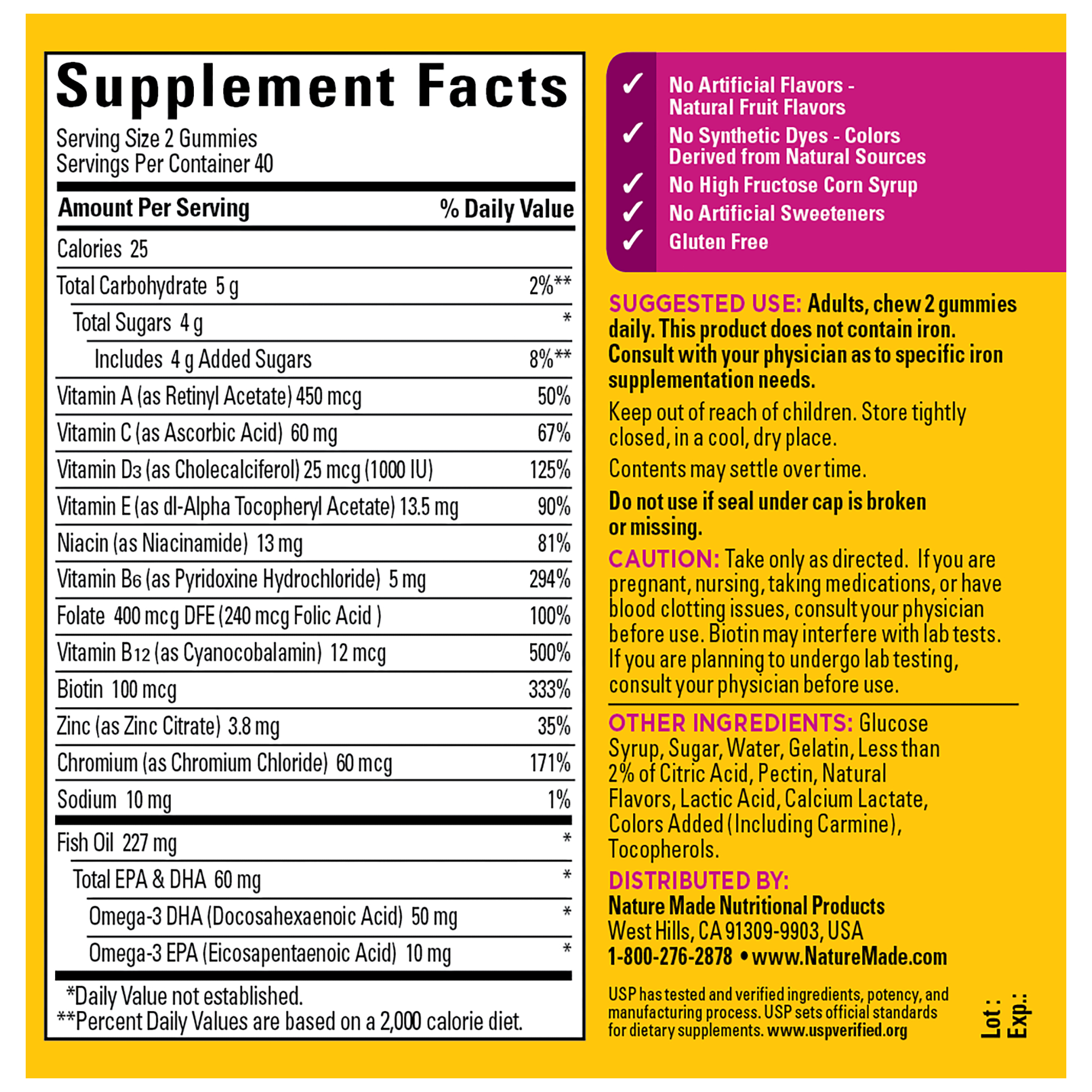 Nature Made Women’s Multi + Omega-3 gummies supplement facts and ingredient information
