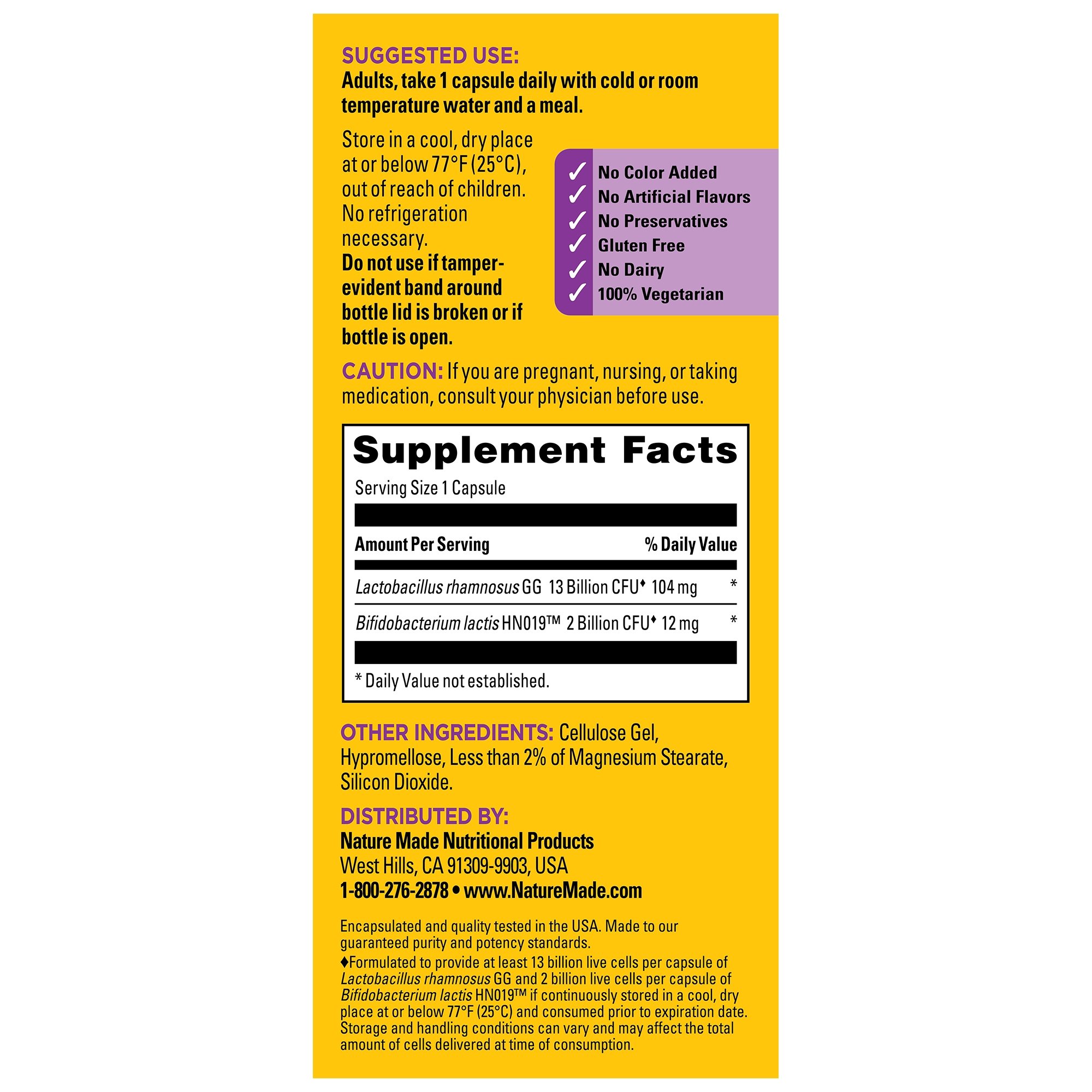 Nature Made Extra Strength Probiotics with 15 billion CFU supplement facts panel with ingredients, usage directions, and storage instructions