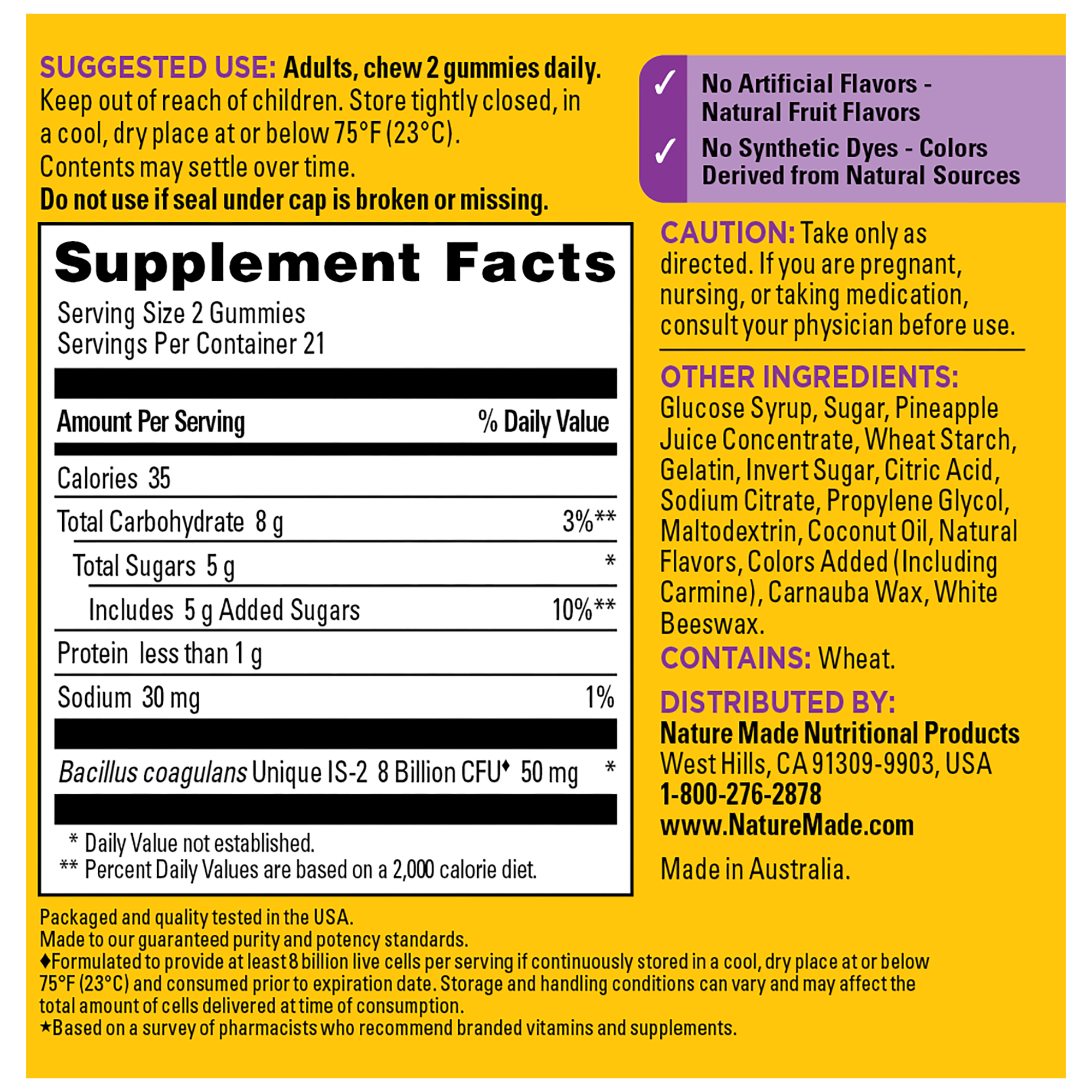 Digestive Probiotics Extra Strength 8 Billion CFU per 2 Probiotic Gummies Supplement label with ingredients, serving size, and nutritional information on a yellow background
