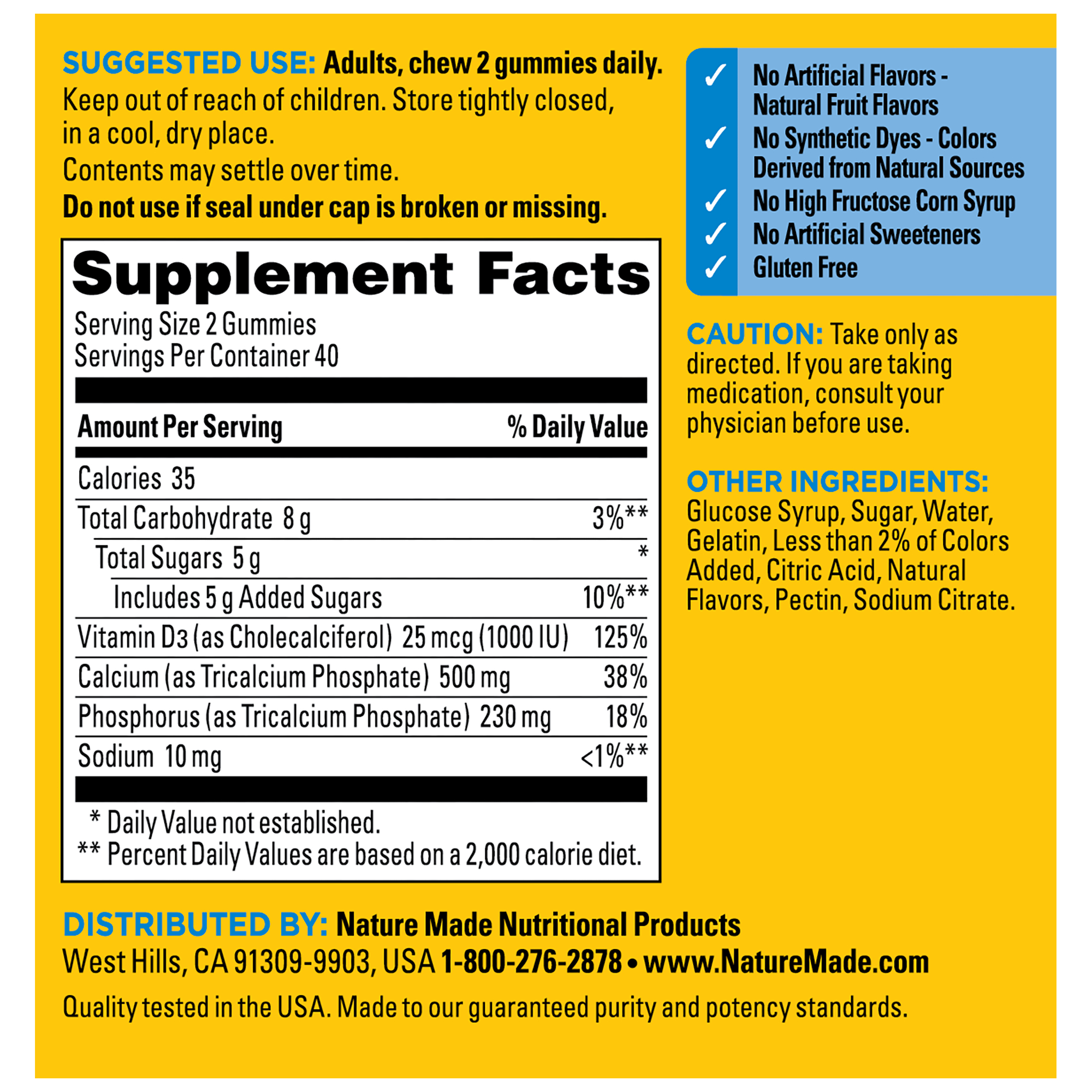 Nature Made Calcium + D3 Gummies supplement facts panel and ingredient information