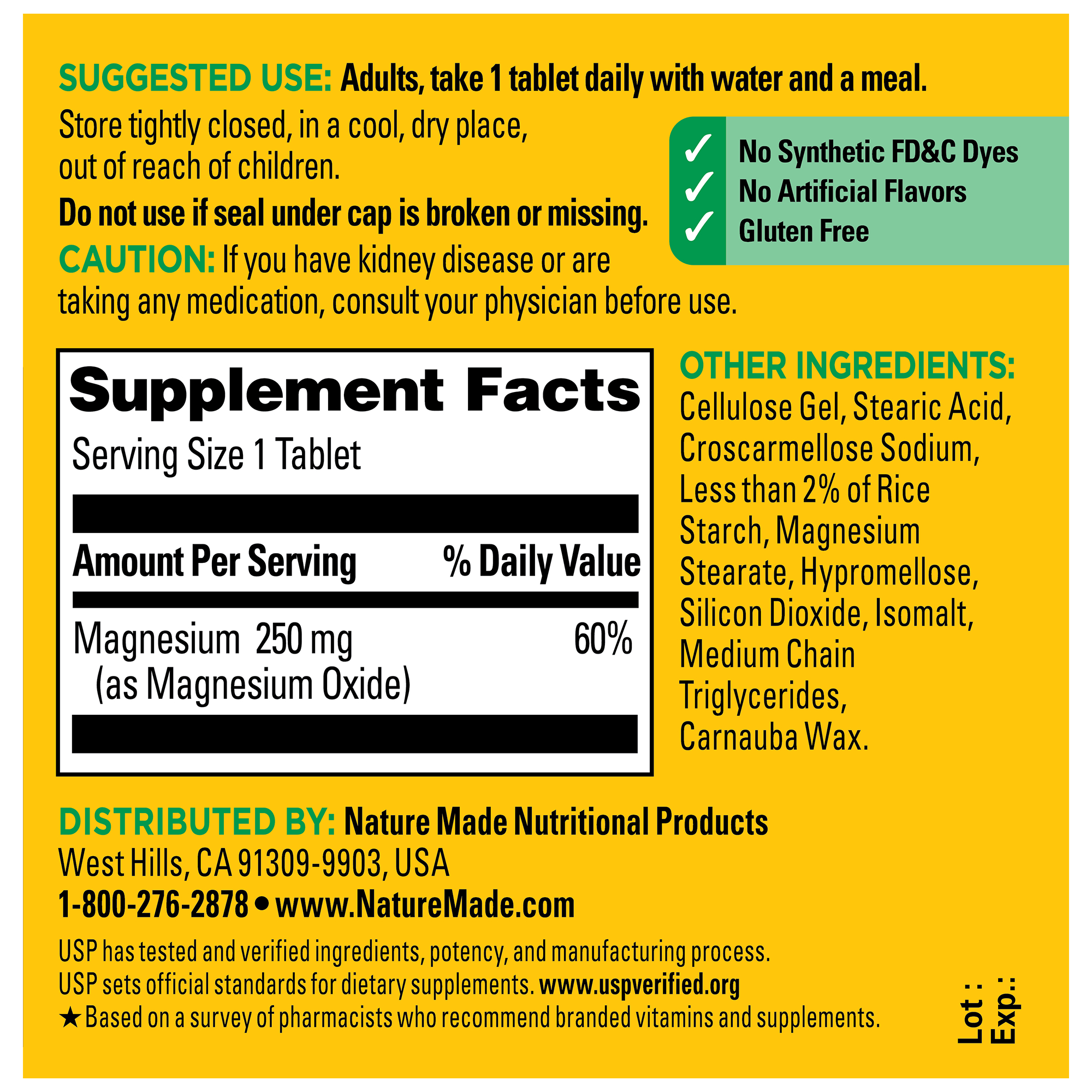 Magnesium 250 mg Tablets supplement facts panel.