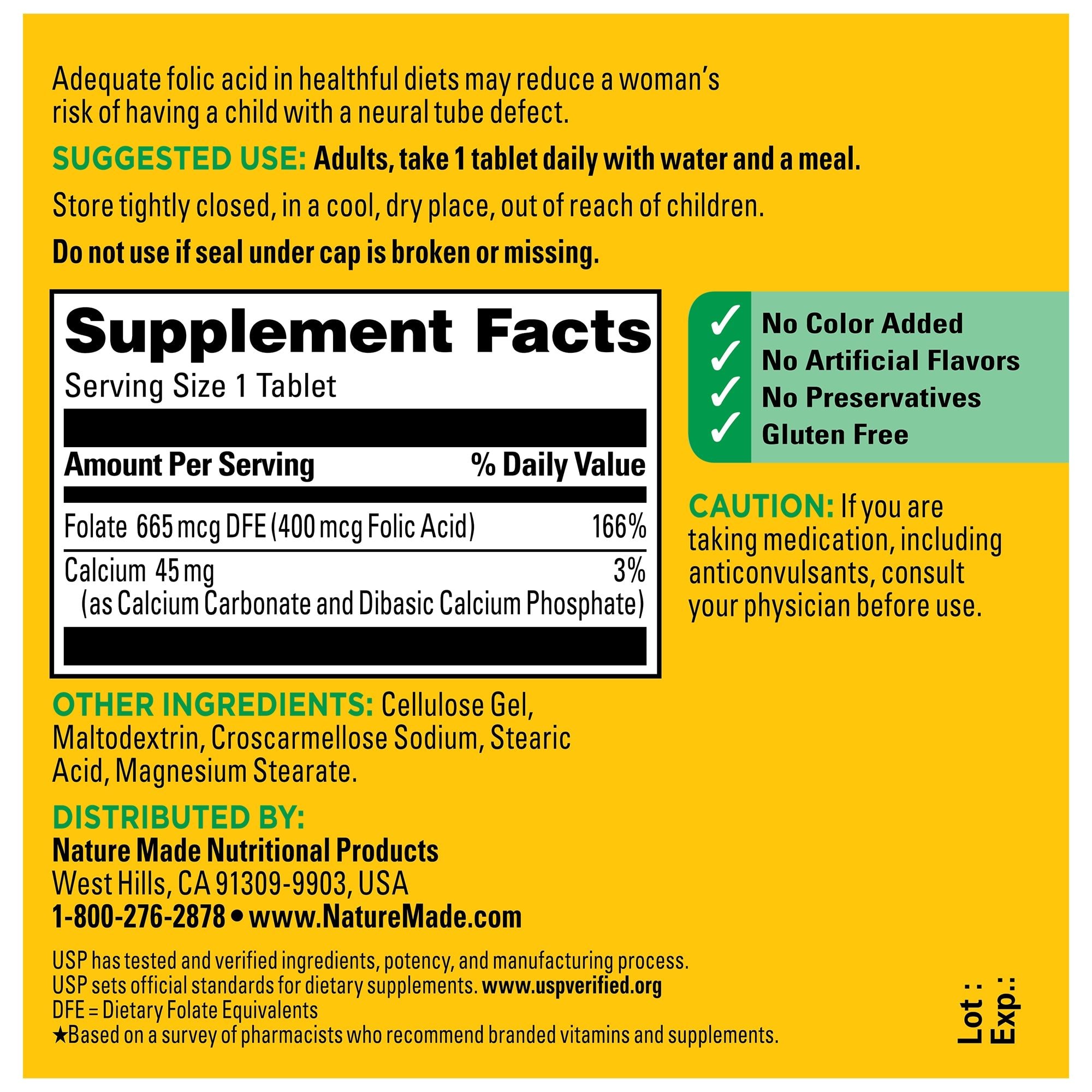 Nature Made Folic Acid 400 mcg 250 tablets supplement label with detailed information on a yellow background.