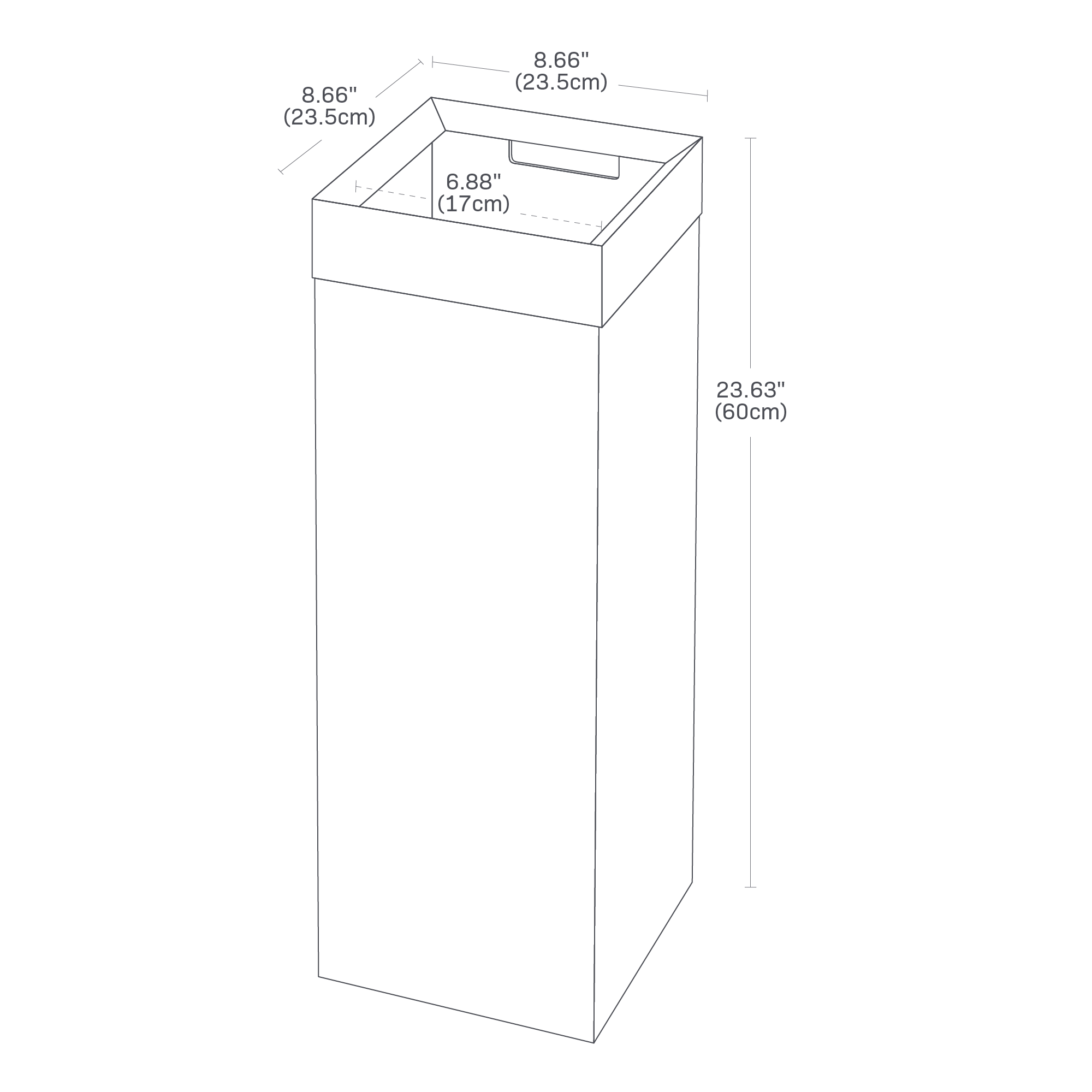 Dimension image for Trash Can showing a total height of 23.63 inches and equal length/height of 8.9 inches.