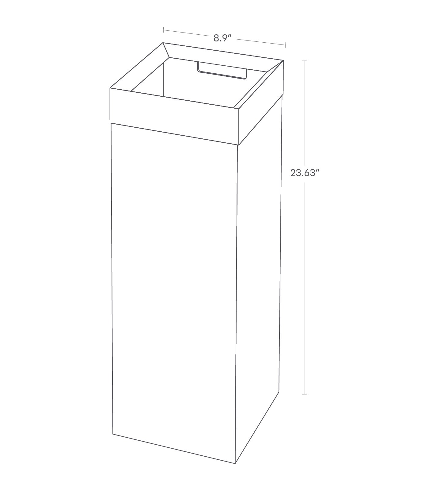Dimension image for Trash Can on a white background including dimensions  L 8.86 x W 8.86 x H 23.62 inches