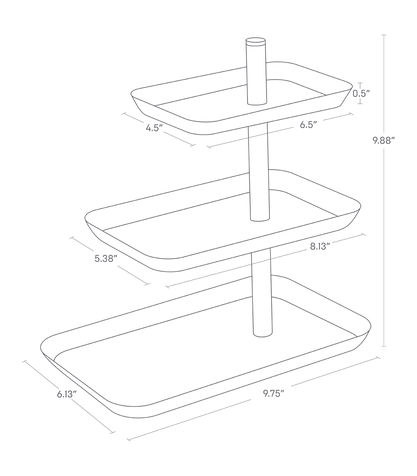 Dimension Image for Three Tier Accessory Tray on a white background showing height of 9.88