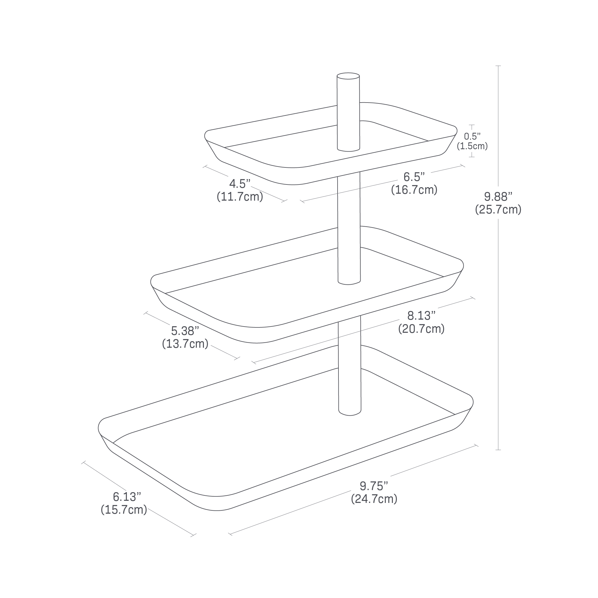 Dimension Image for Three Tier Accessory Tray on a white background showing height of 9.88 inches, bottom tier length of 9.75 inches, bottom tier width of 6.13 inches, middle tier length of 8.13 inches inches, middle tier width of 5.38 inches, top tier length of 6.5 inches, top tier width of 4.5 inches. and tier lip height of .5 inches.