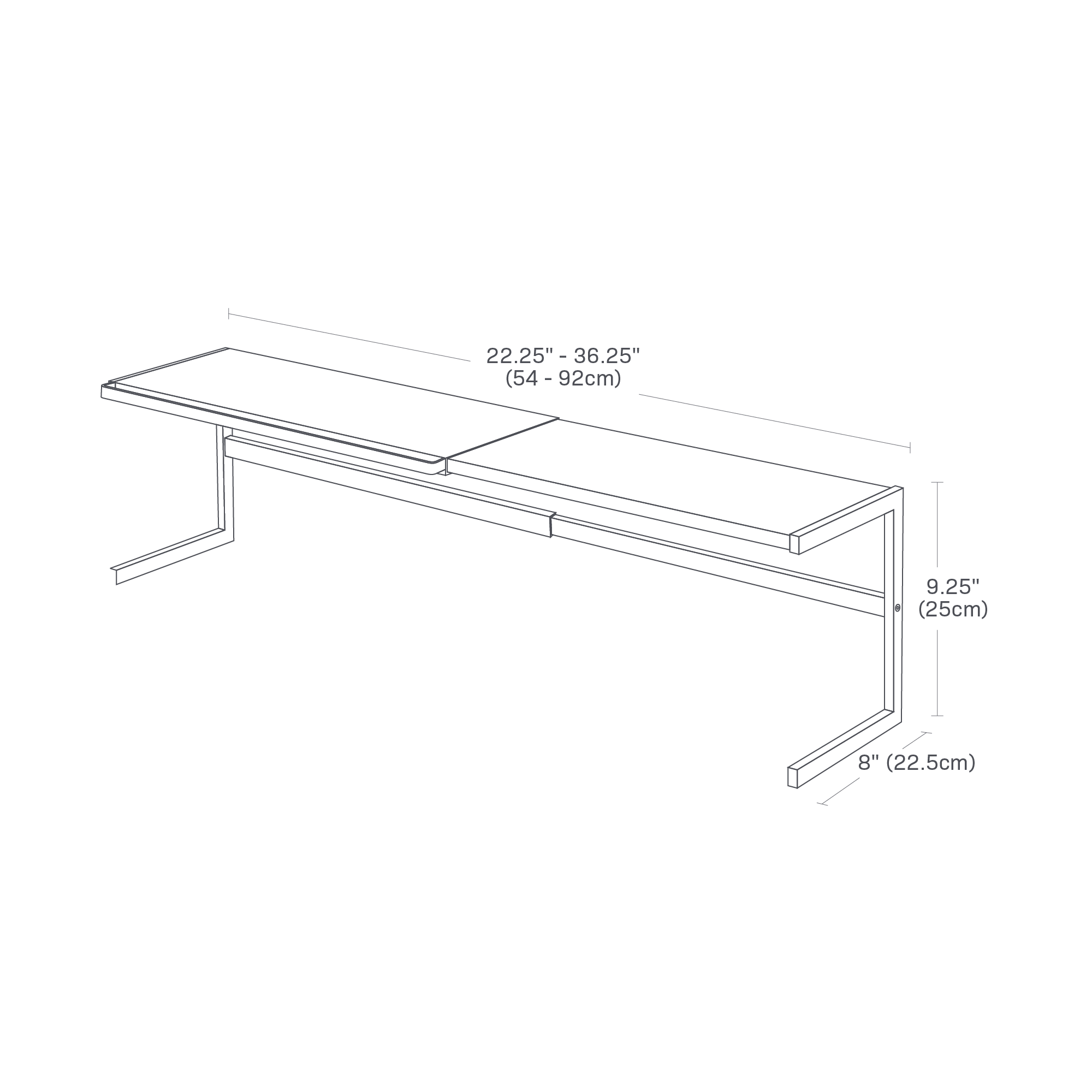Dimension image for Countertop Shelf showing expandabble length of 22.25 inches to 36.25 inches, width of 8 inches and height of 9.25 inches