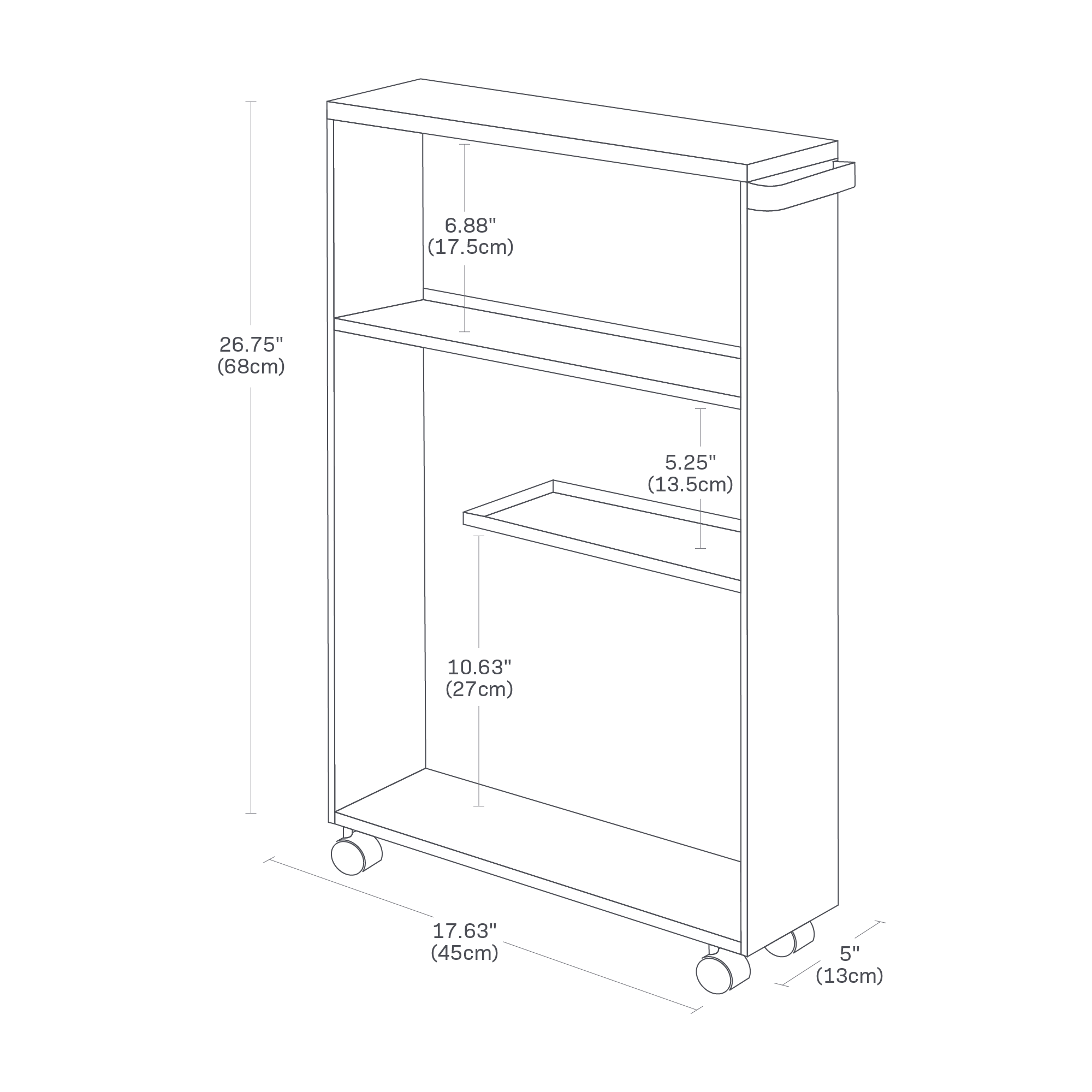 Dimension image for Rolling Storage Carton a white background showinglength of 17.63 inches, width of 5 inches, height of 26.75  inches. The top shelf has a height of 6.88 inches. A short divider is placed in the bottom shelf at a height of 10.63 inches.