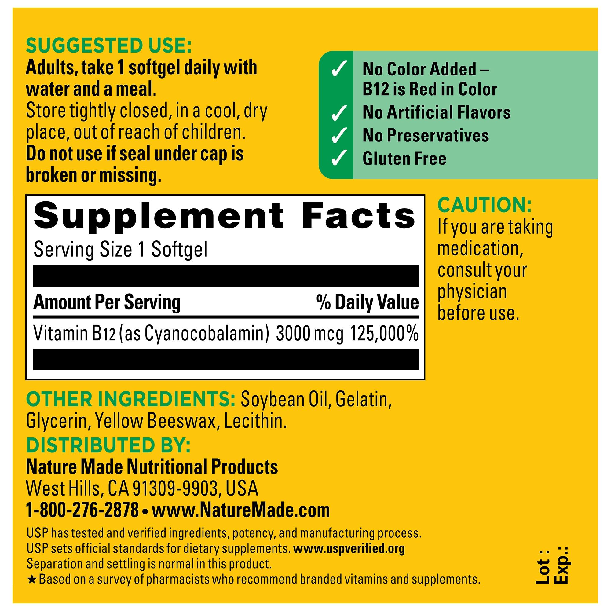 Vitamin B12 Extra Strength 3000 mcg Softgels supplements fact panel label.