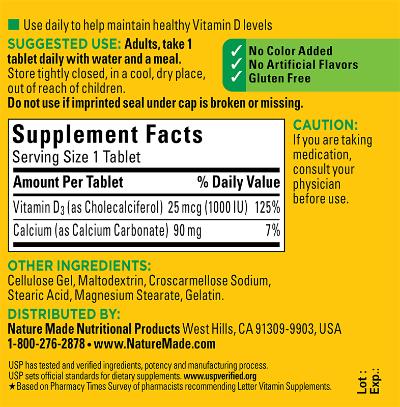 Vitamin D3 1000 IU (25 mcg) Tablets Supplement Facts