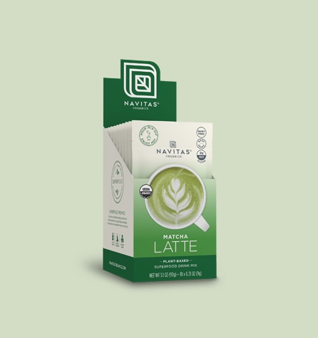 A display box of Navitas Organics Matcha Latte Packets