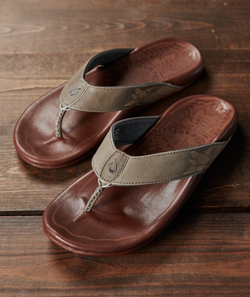 OluKai Kūlia Charcoal / Dark Wood Men's Leather Beach Sandals