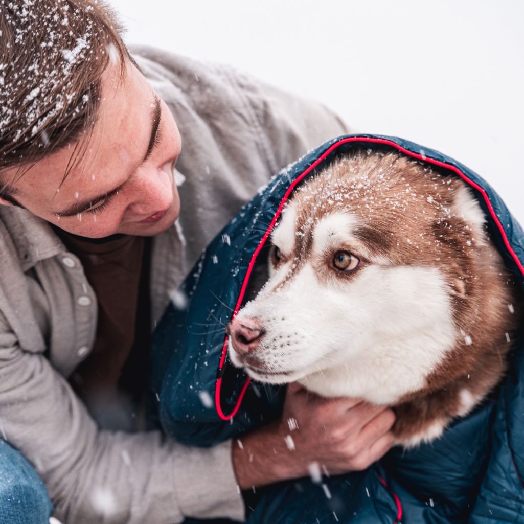 Rumpls are for pets too. A man wraps his husky in a cozy Rumpl blanket to keep him warm on a cold snowy day.