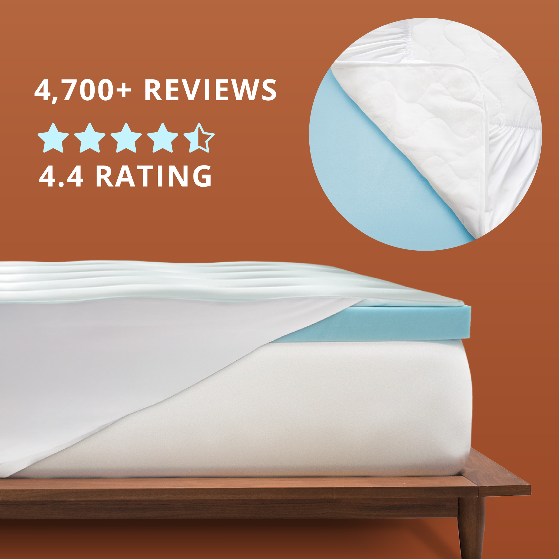 Orders placed by 2pm ships sam day. Responsive support.  Photo of a light blue mattress topper with a white lightly padded cover on top of a bed.
