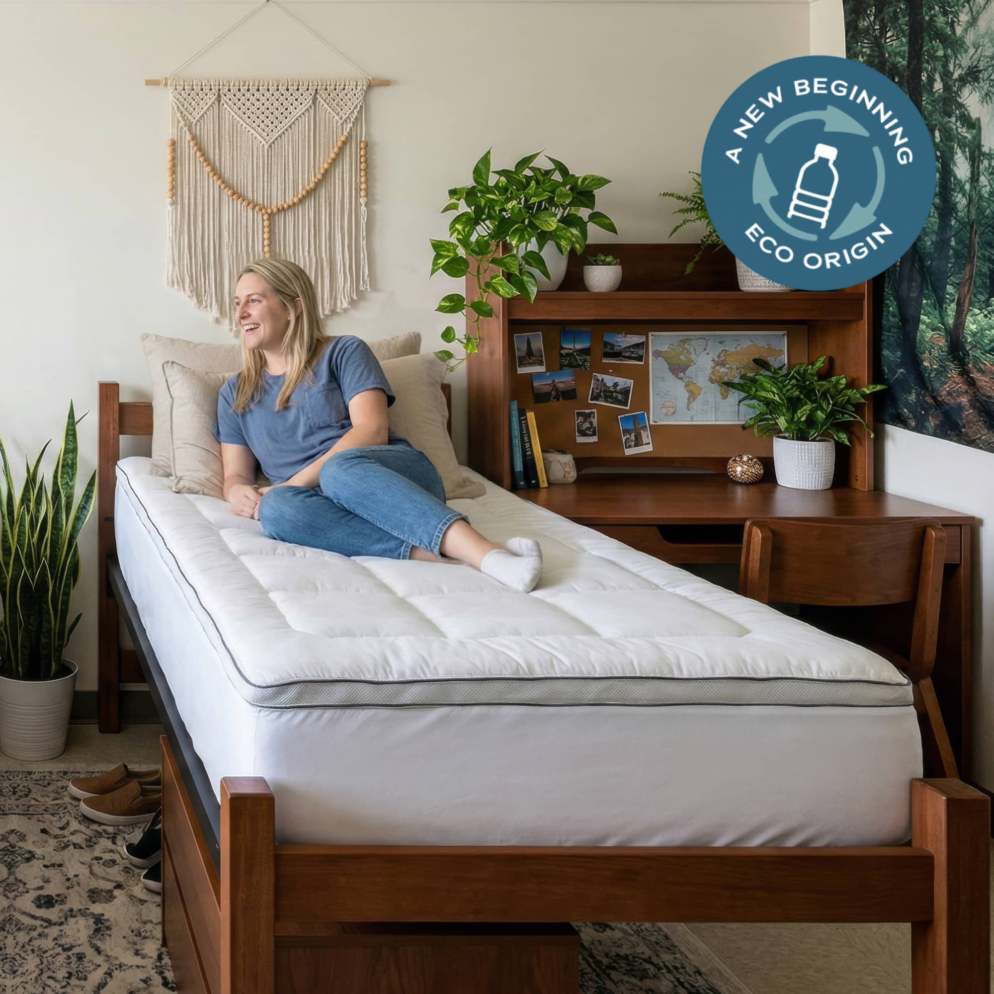 Orders placed by 2pm ships same day. We can ship directly to campus! Photo of a college student sitting on her dorm bed.