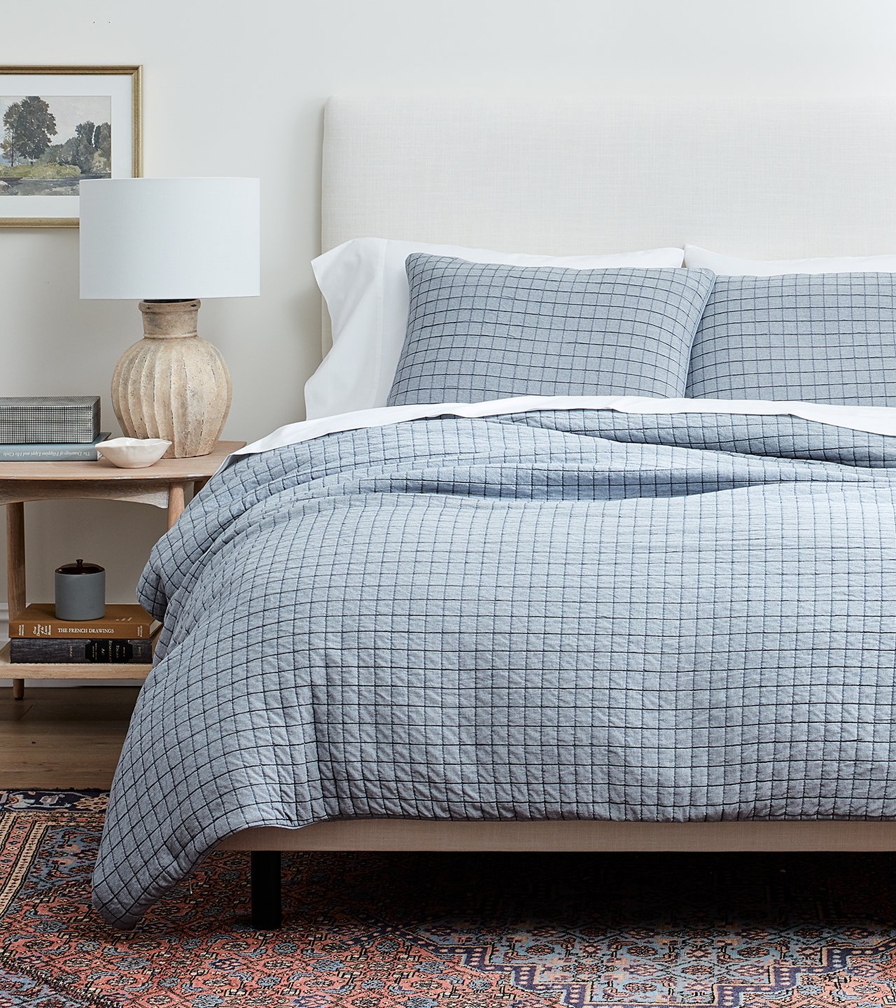 Bed made with Matelasse Duvet Set in Chambray Blue