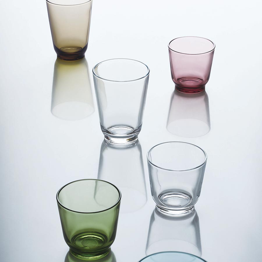  Assortment of HIBI tumblers in green, clear, brown, and purple  