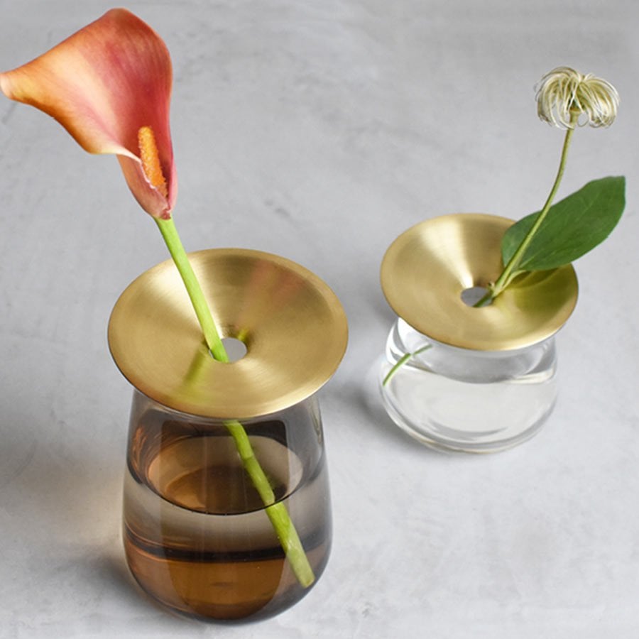 Large LUNA vase in brown with a single flower and a small LUNA vase in clear with a single leaf flower  