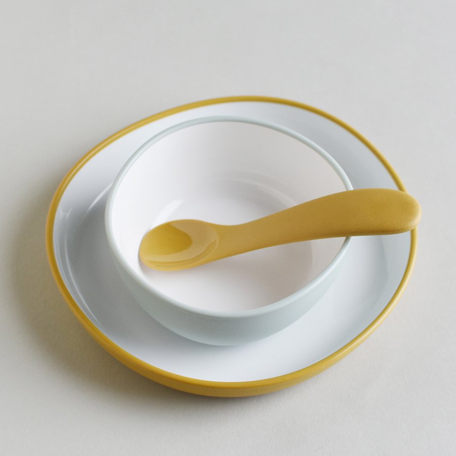  BONBO plate, bowl, and spoon in blue gray and yellow  