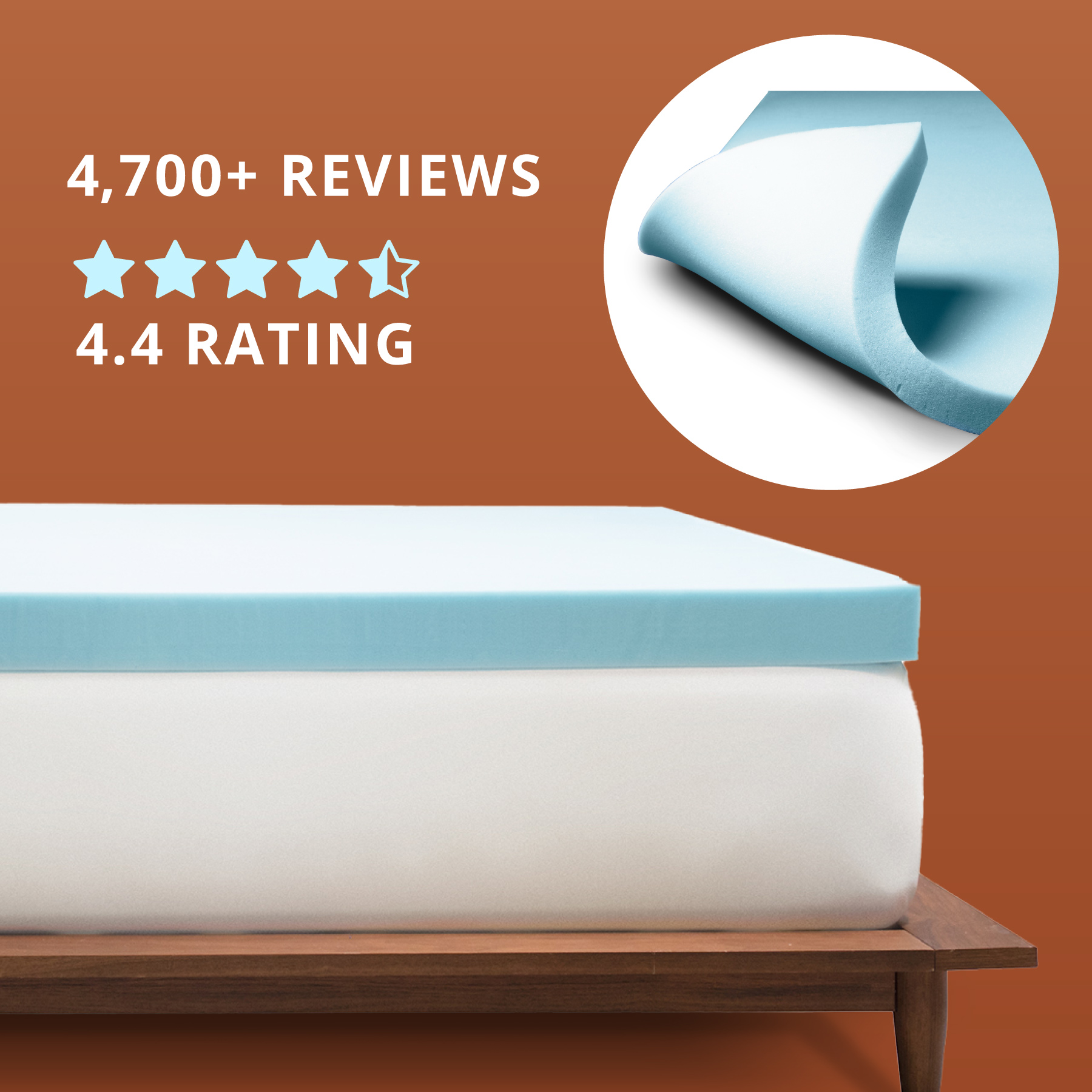 Orders placed by 2pm ships sam day. Responsive support. Photo of a light blue mattress topper on top of a bed.